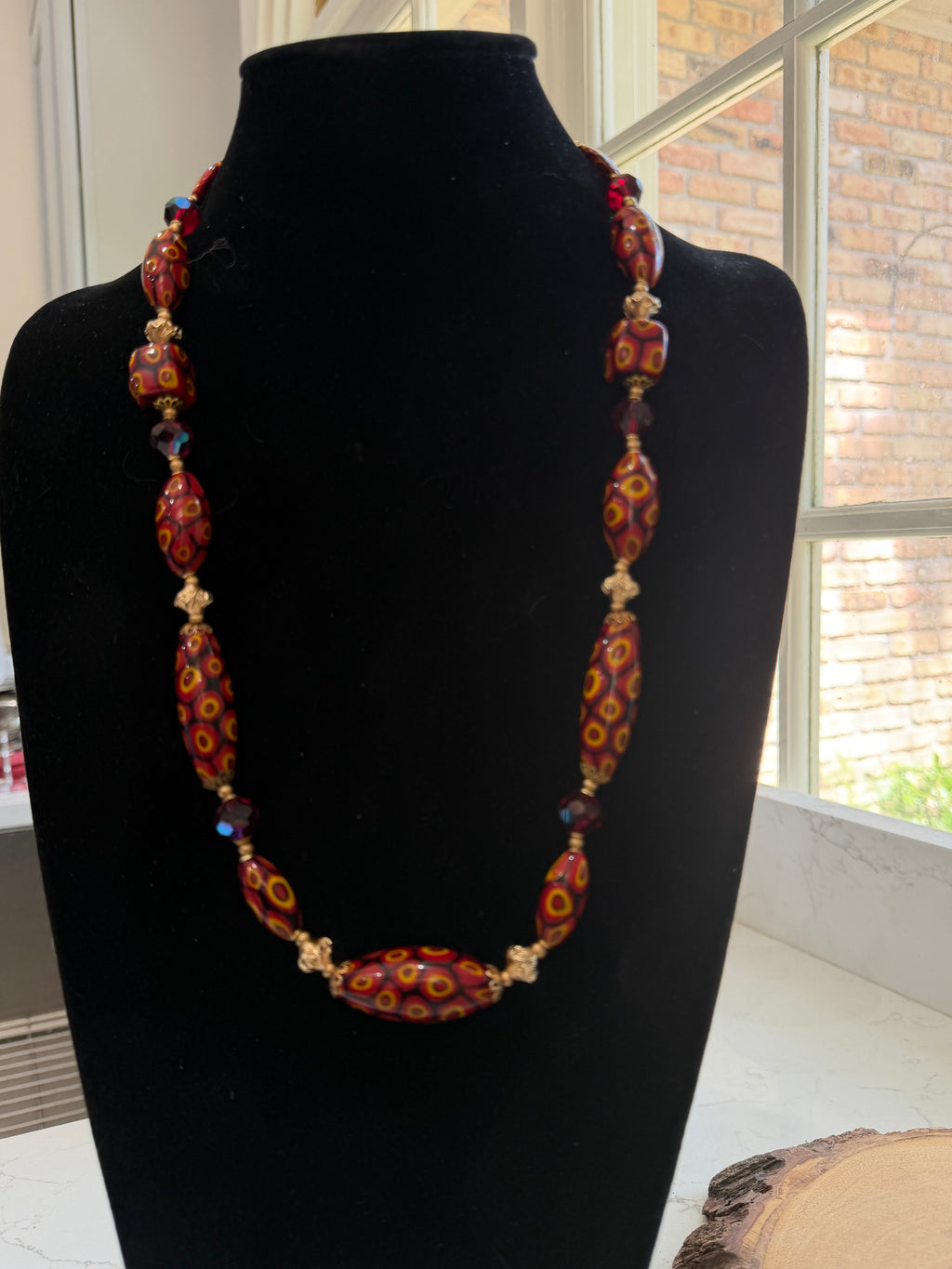 Rosario Leonardi Red & Orange Themed Necklace Featuring 12k GF Lantern Beads, Red A/B Vintage Swarovski Crystals & Exclusive Custom Beads