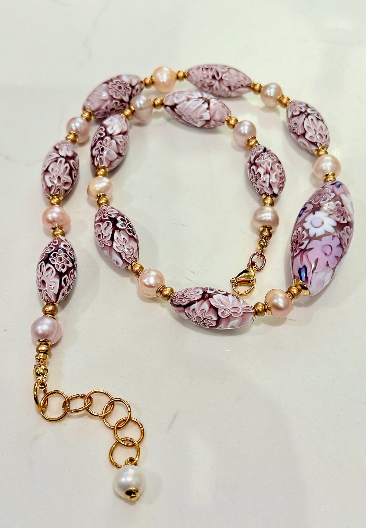 Rosario Leonardi Pale Pink Neckalce Featuring Exclusive Murano Millefiori Glass Beads