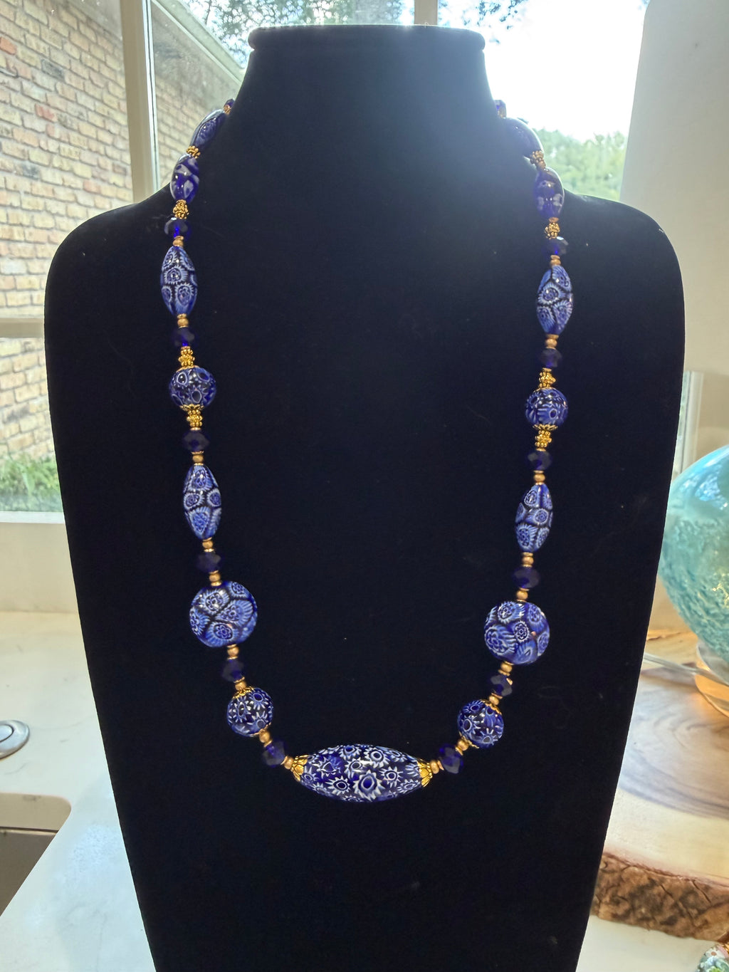 Rosario Leonardi Exclusive Ercole Moretti Cobalt Blue/ White Murano Millefiori Beaded Necklace-Choose your lenght