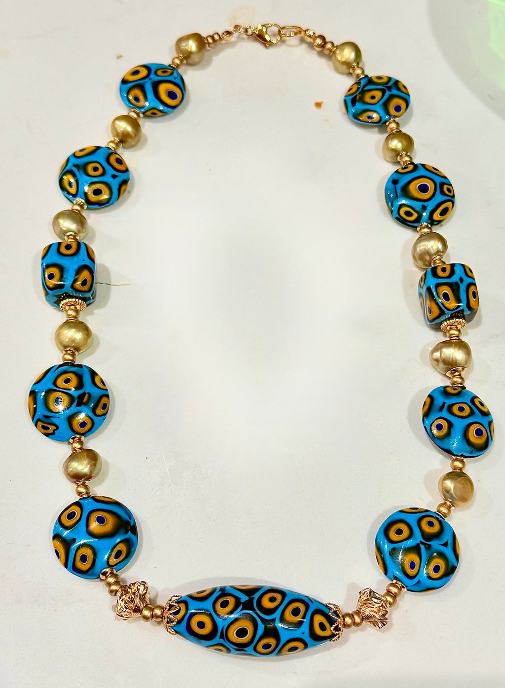 Rosario Leonardi Aqua & Yellow Themed Necklace Gold Freshwater Pearls