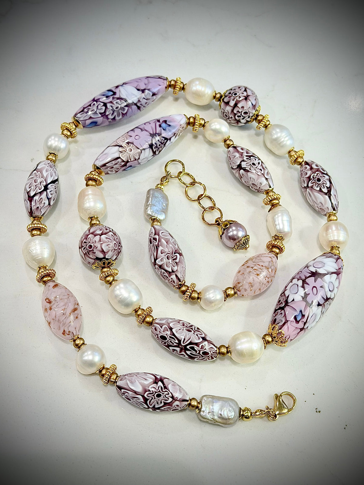 26”Rosario Leonardi Pale Pink Neckalce Featuring Exclusive Murano Millefiori Glass Beads