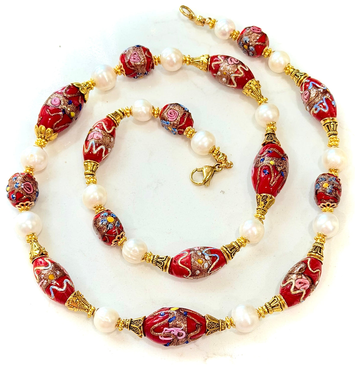 Rosario Leonardi Vintage Red Venetian Wedding Cake & White Freshwater Pearl Beaded Necklace