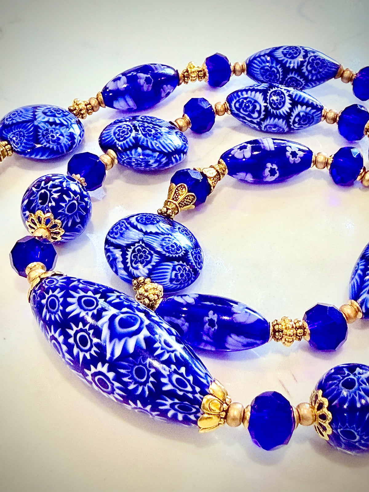 Rosario Leonardi Exclusive Ercole Moretti Cobalt Blue/ White Murano Millefiori Beaded Necklace-Choose your lenght