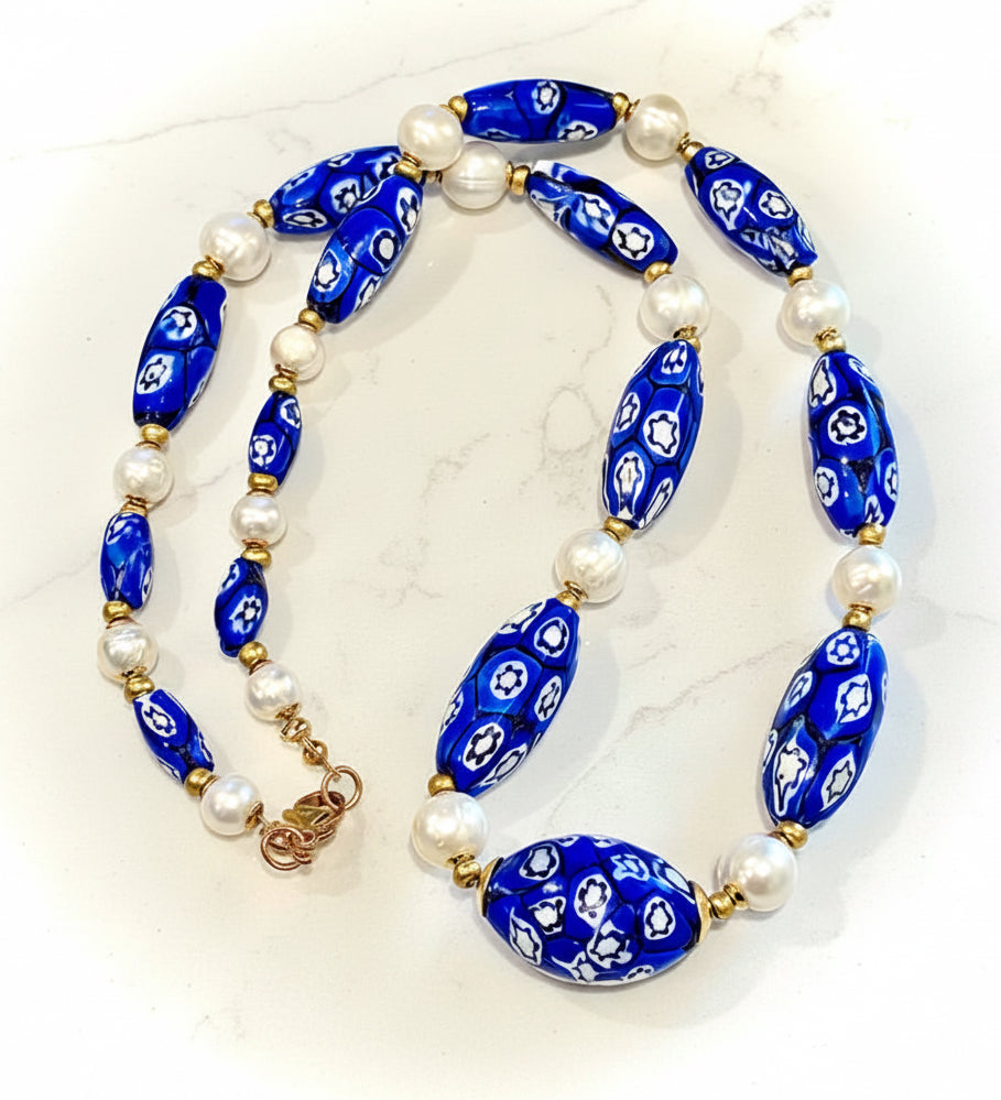 One Of A Kind 22”Blue & White Murano Glass Beads Paired with Fine White Freshwater Pears