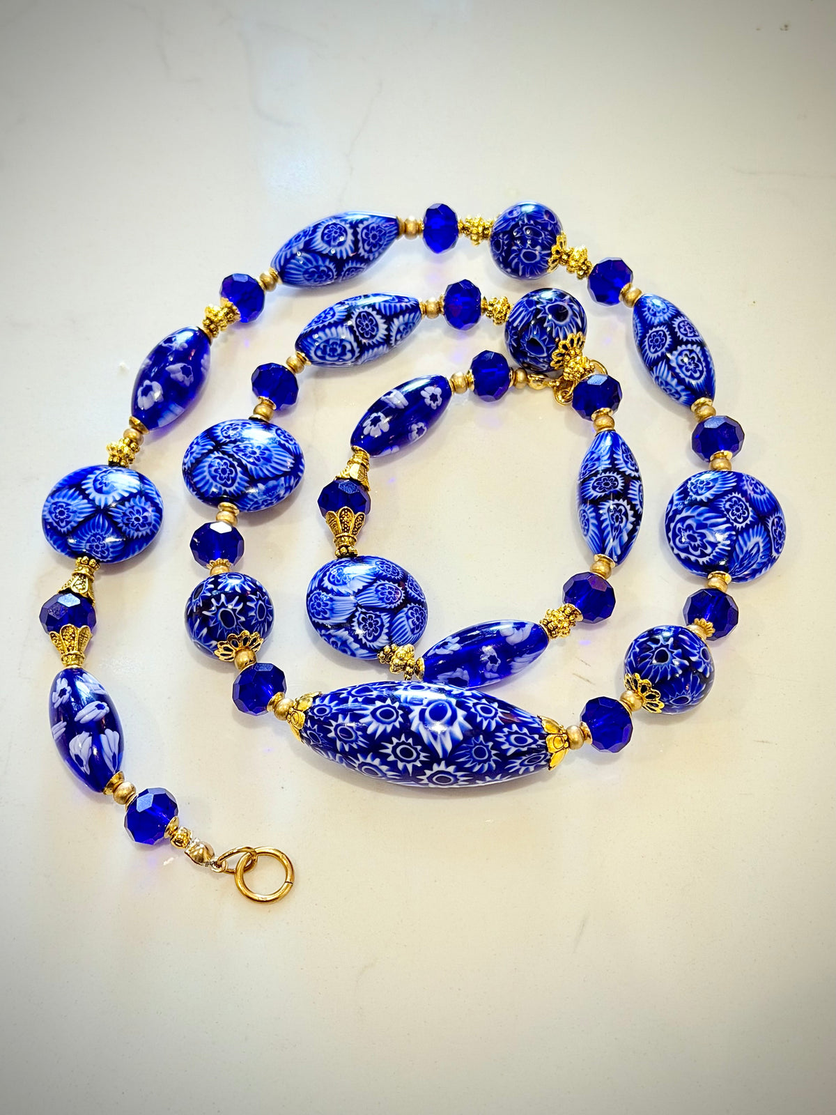 Rosario Leonardi Exclusive Ercole Moretti Cobalt Blue/ White Murano Millefiori Beaded Necklace-Choose your lenght