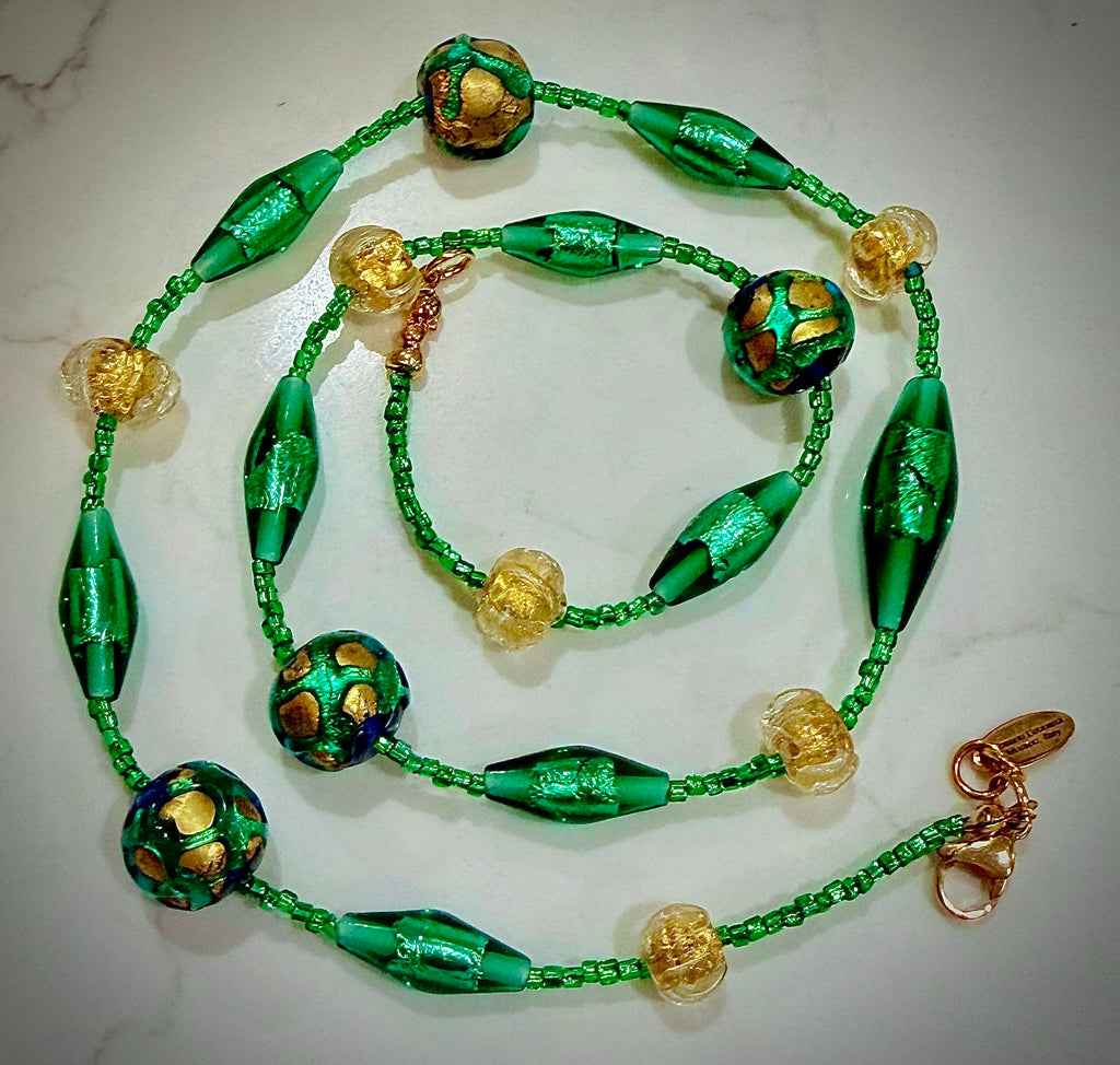 Rosario Leonardi “Boy That’s Green & Gold!” Murano Lampwork & Czech Glass Necklace, One of a Kind.