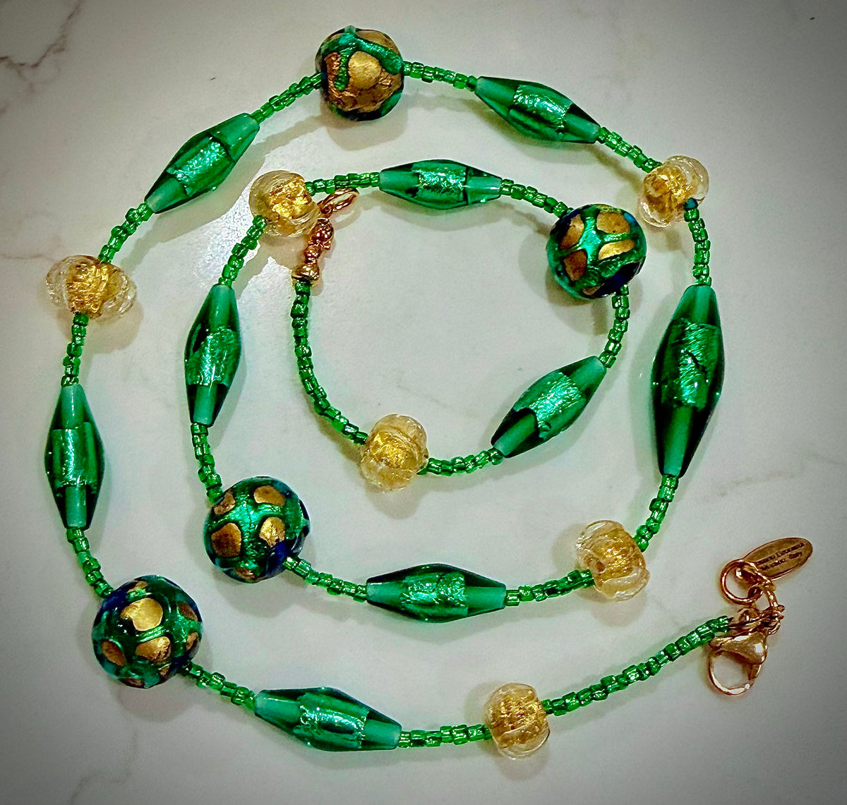 Rosario Leonardi “Boy That’s Green & Gold!” Murano Lampwork & Czech Glass Necklace, One of a Kind.