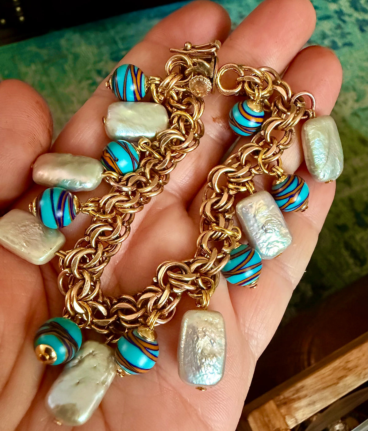 One of a kind 12k GF 1950’s Charm Bracelet Adorned With Rectangular White Freshwater Pearls & Ercole Moretti Aqua Ribbon Beads