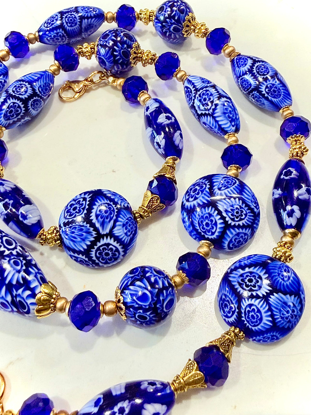 Rosario Leonardi Exclusive Ercole Moretti Cobalt Blue/ White Murano Millefiori Beaded Necklace-Choose your lenght