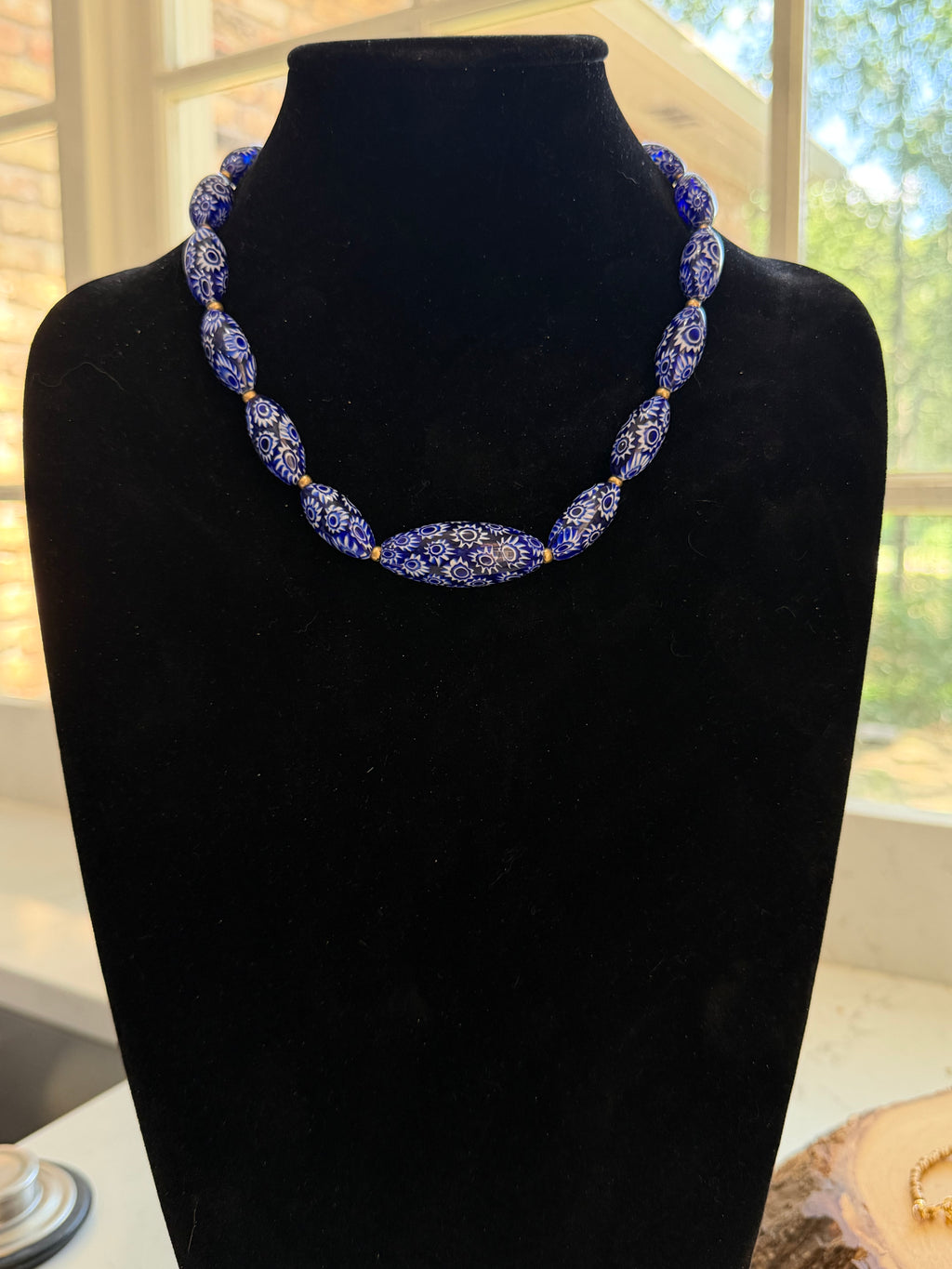 Rosario Leonardi Cobalt Blue Neckalce Featuring Handmade Murano Millefiori Torpedo Glass Beads