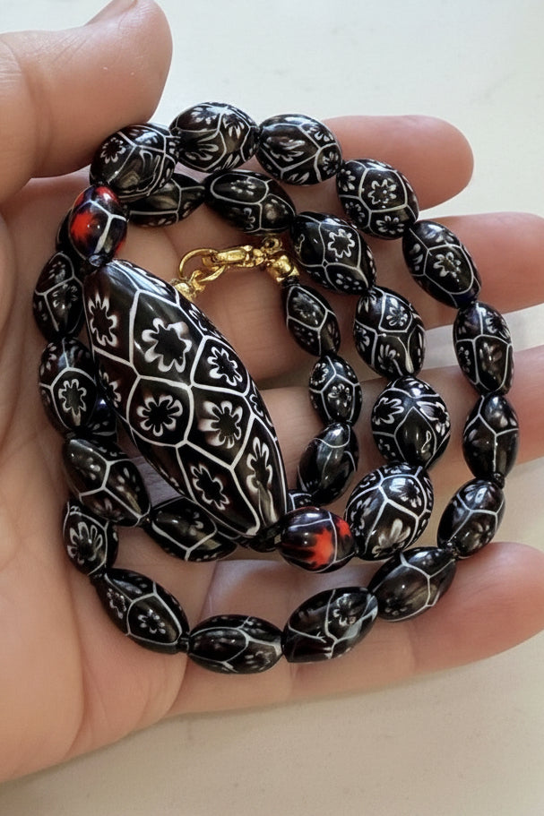 Rosario Leonardi Black & White 20” Featuring Ercole Moretti 1920’s Beads, Including an Extra Large Focal Bead