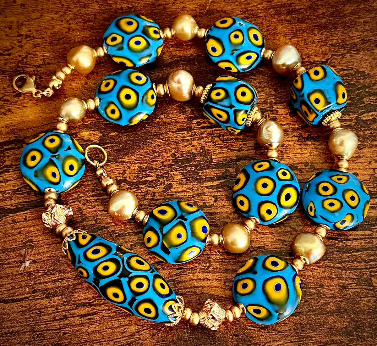 Rosario Leonardi Aqua & Yellow Themed Necklace Gold Freshwater Pearls