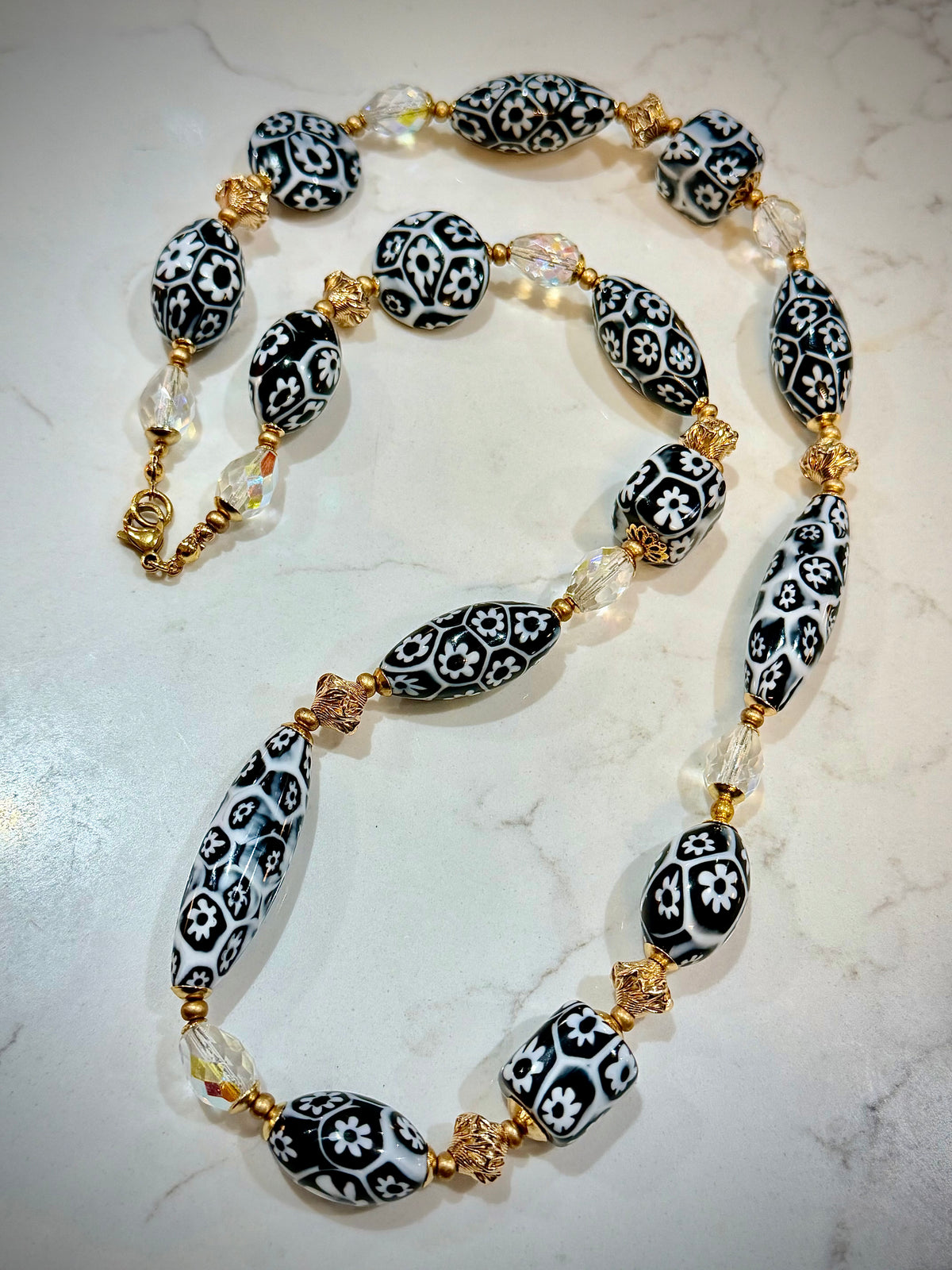 Black & White Millefiori Murano Glass Necklace Featuring EXCLUSIVE Ercole Moretti Beads & 12k Yellow Gold Filled Lantern Beads