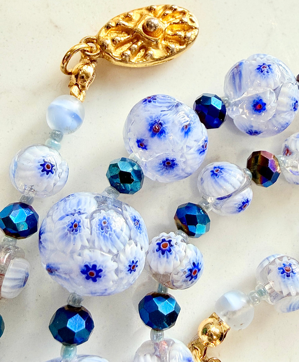 Rosario Leonardi “The Blues” Necklace Featuring Vintage Murano Millefiori and  Czech Cobalt Blue Glass Crystals