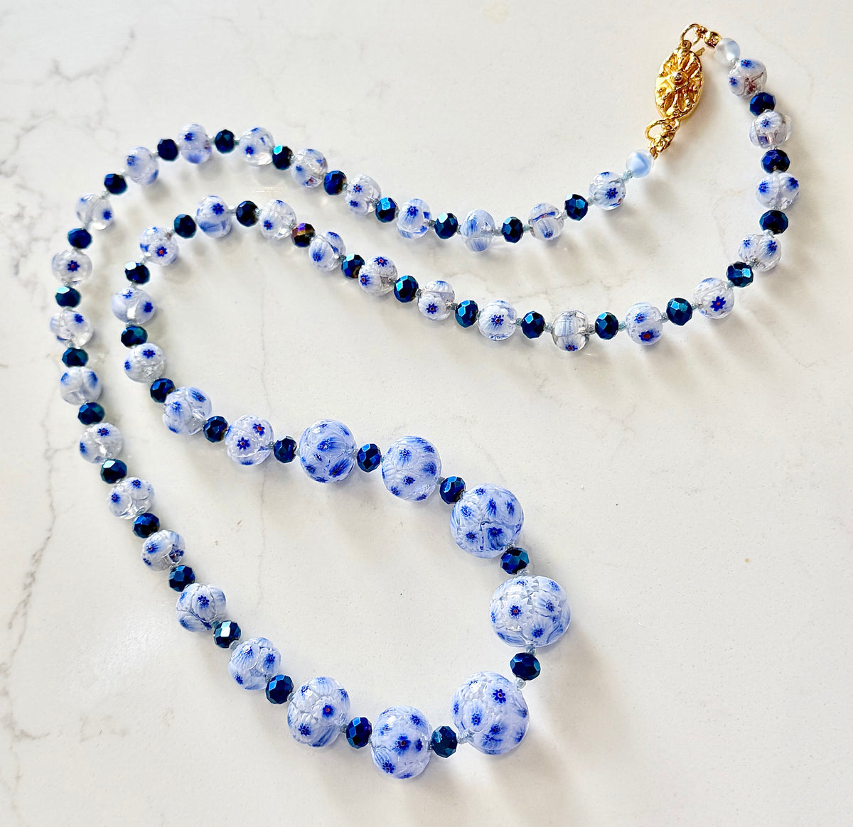 Rosario Leonardi “The Blues” Necklace Featuring Vintage Murano Millefiori and  Czech Cobalt Blue Glass Crystals