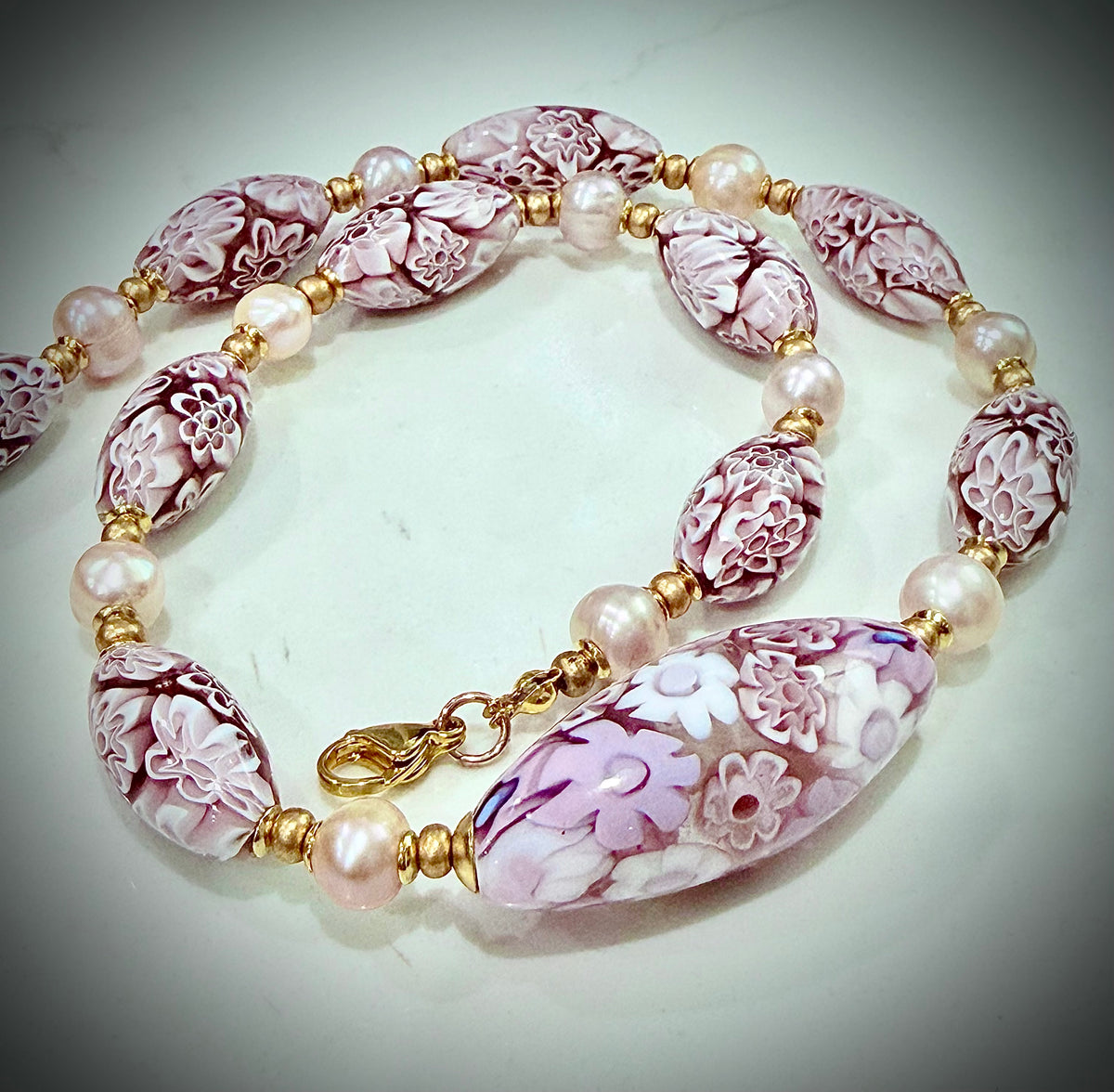 Rosario Leonardi Pale Pink Neckalce Featuring Exclusive Murano Millefiori Glass Beads