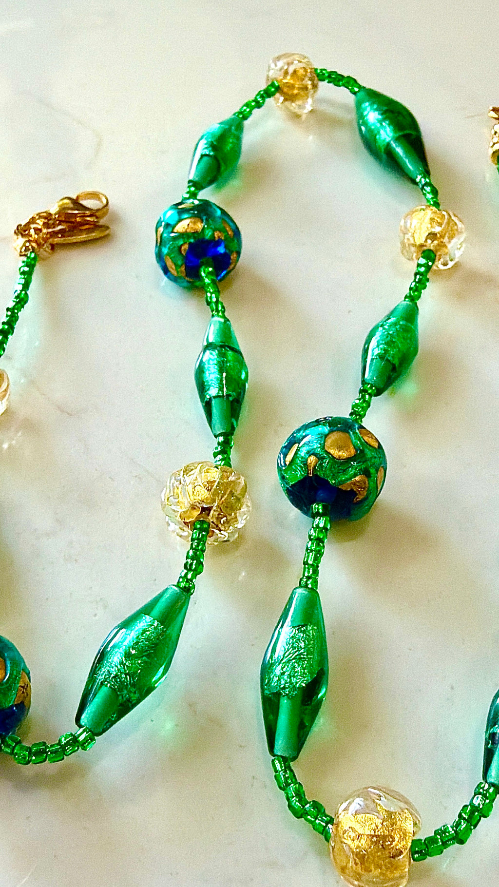 Rosario Leonardi “Boy That’s Green & Gold!” Murano Lampwork & Czech Glass Necklace, One of a Kind.