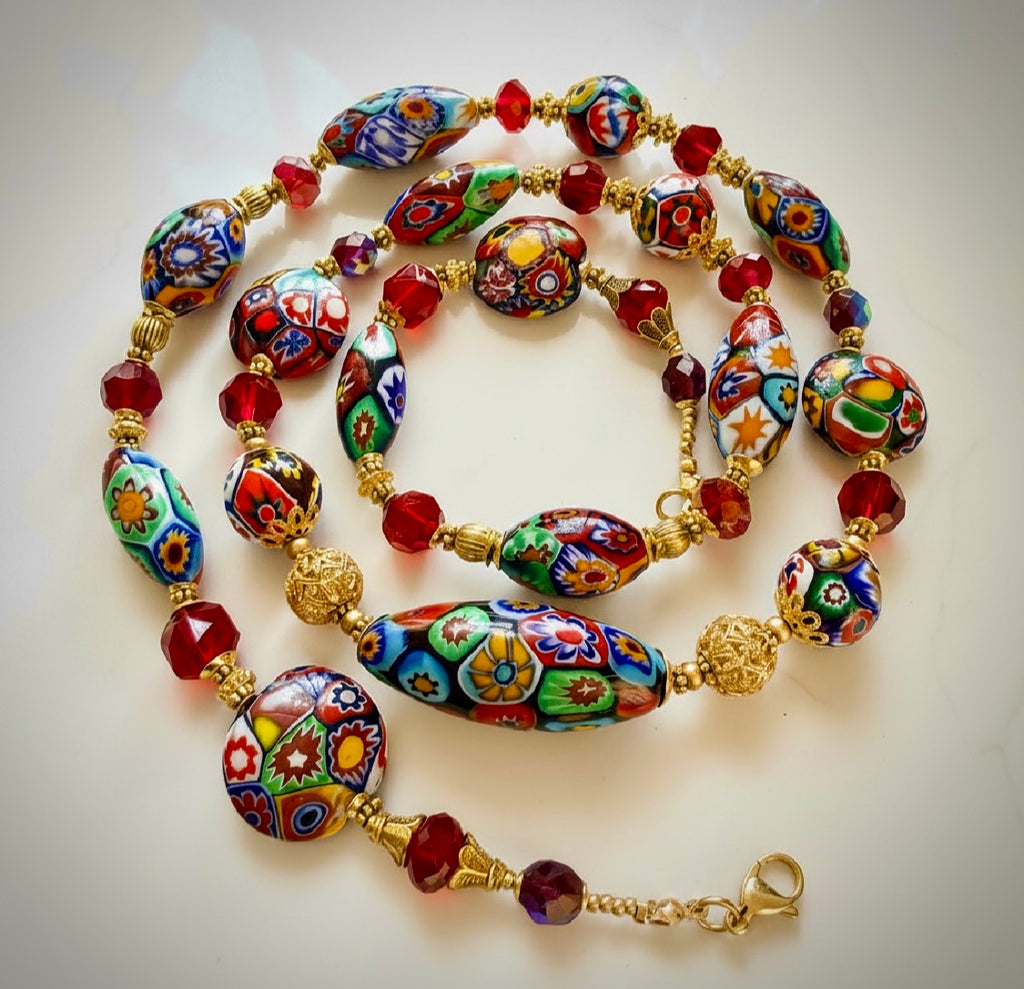 Rosario Leonardi Red Patterned Murano Millefiori Ercole Moretti Beaded Necklace-Choose your lenghti