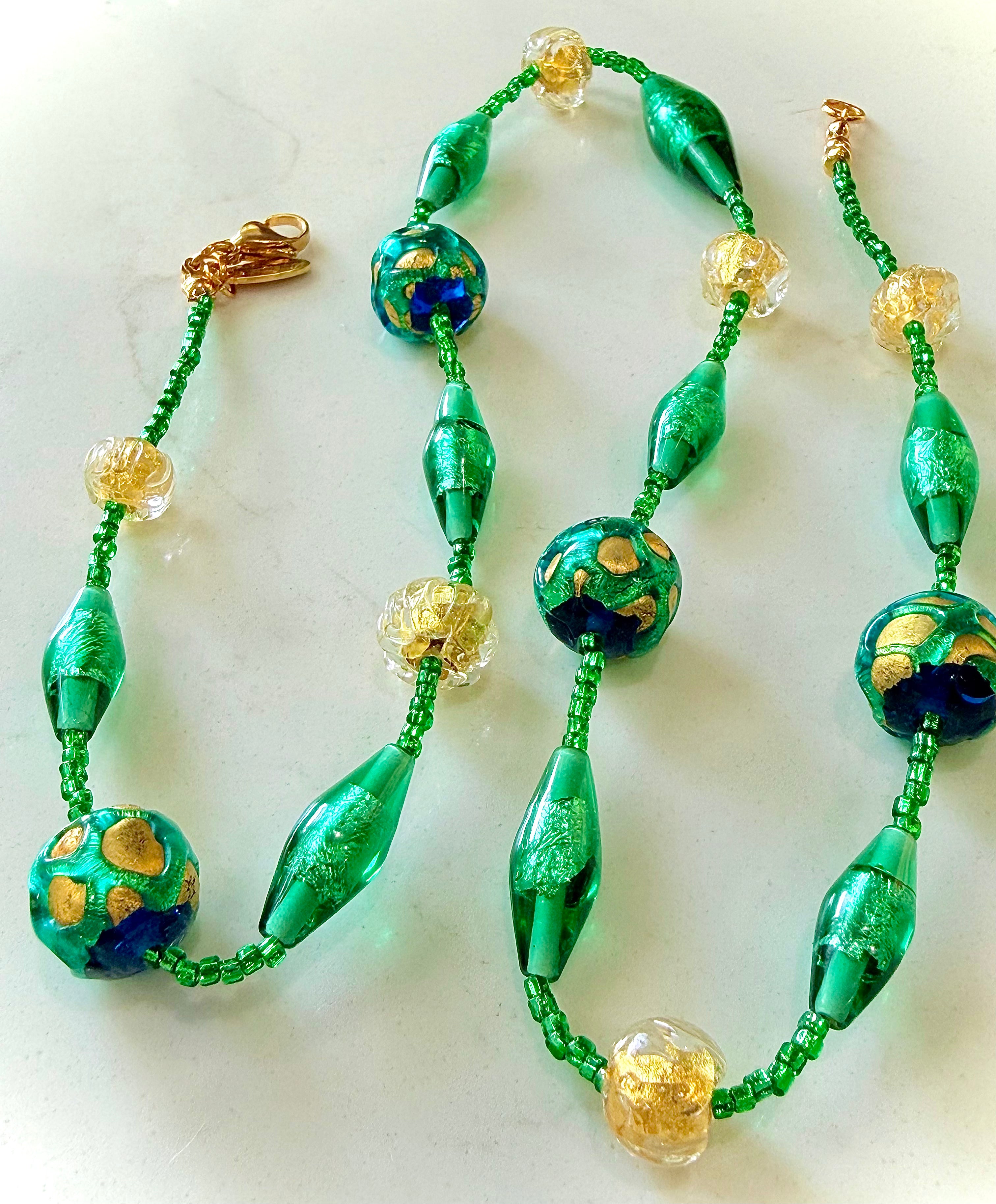 Rosario Leonardi “Boy That’s Green & Gold!” Murano Lampwork & Czech Glass Necklace, One of a Kind.