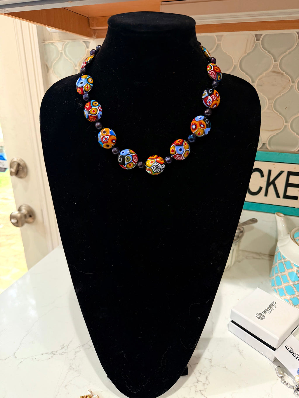 Rosario Leonardi Black Freshwater Pearl & Multicolored Coin Shaped Bead Necklace Featuring Ercole Moretti TriColored Patterned  Beads
