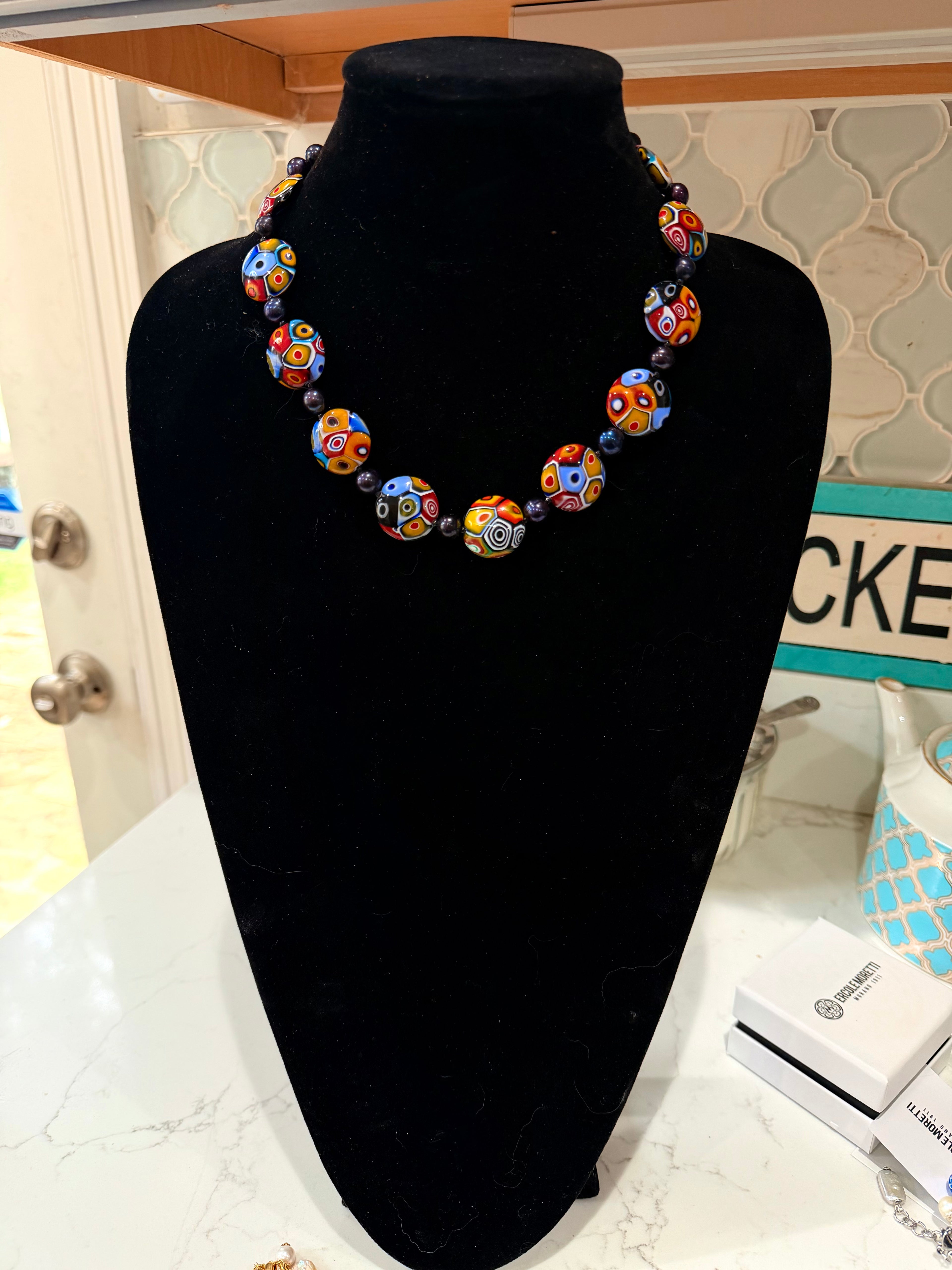 Rosario Leonardi Black Freshwater Pearl & Multicolored Coin Shaped Bead Necklace Featuring Ercole Moretti TriColored Patterned  Beads