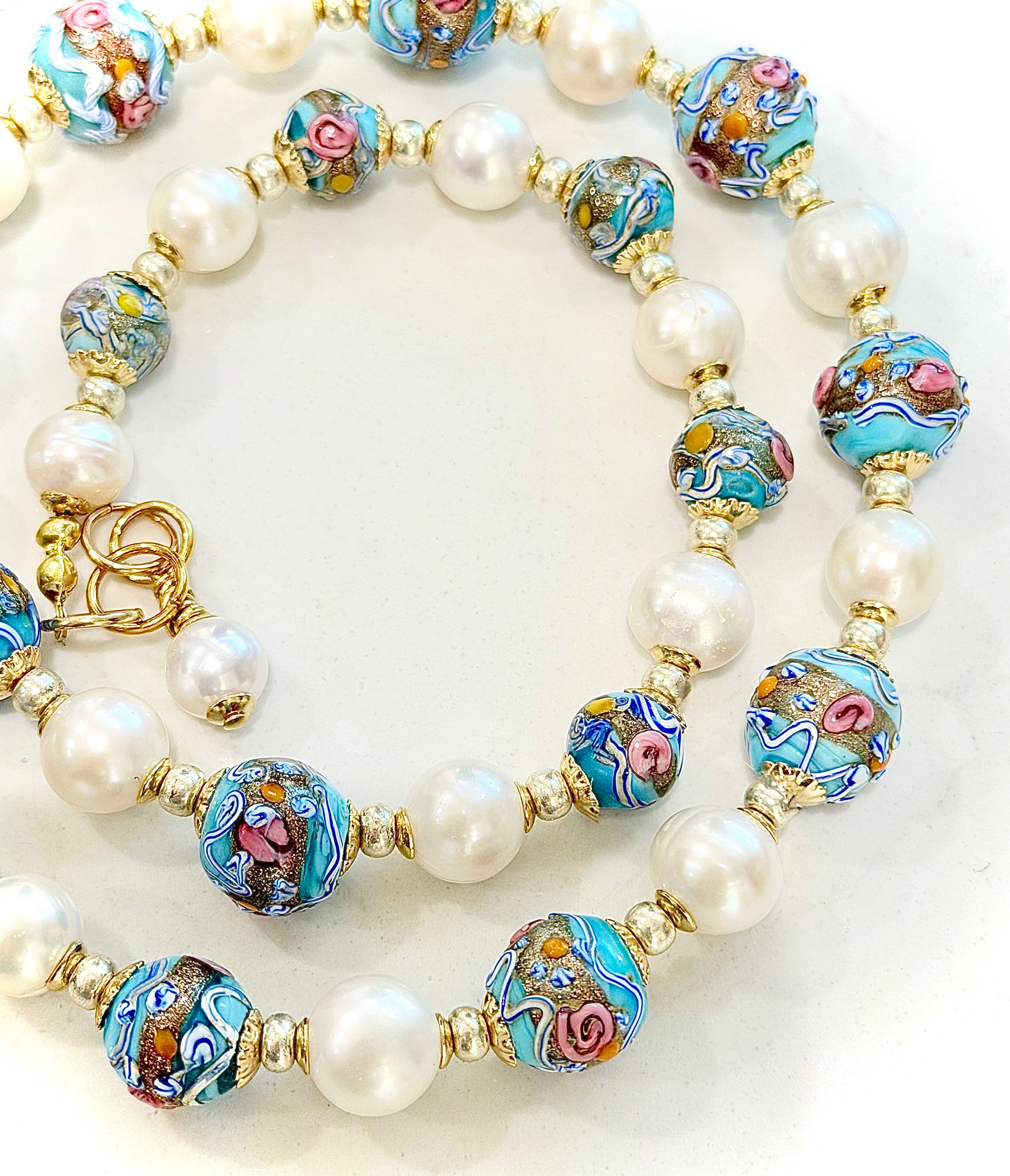 Rosario Leonardi Vintage Fancy Wedding Cake Beads & White Freshwater Pearl Necklace