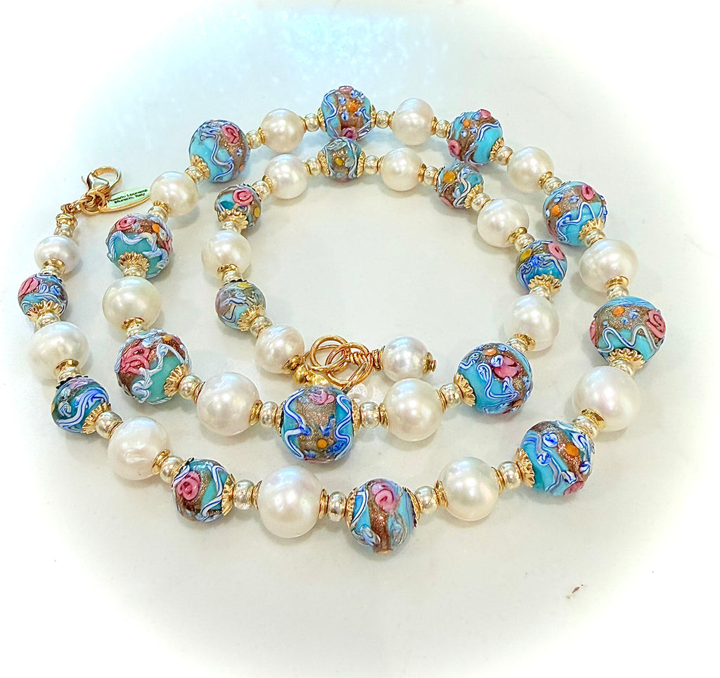 Rosario Leonardi Vintage Fancy Wedding Cake Beads & White Freshwater Pearl Necklace