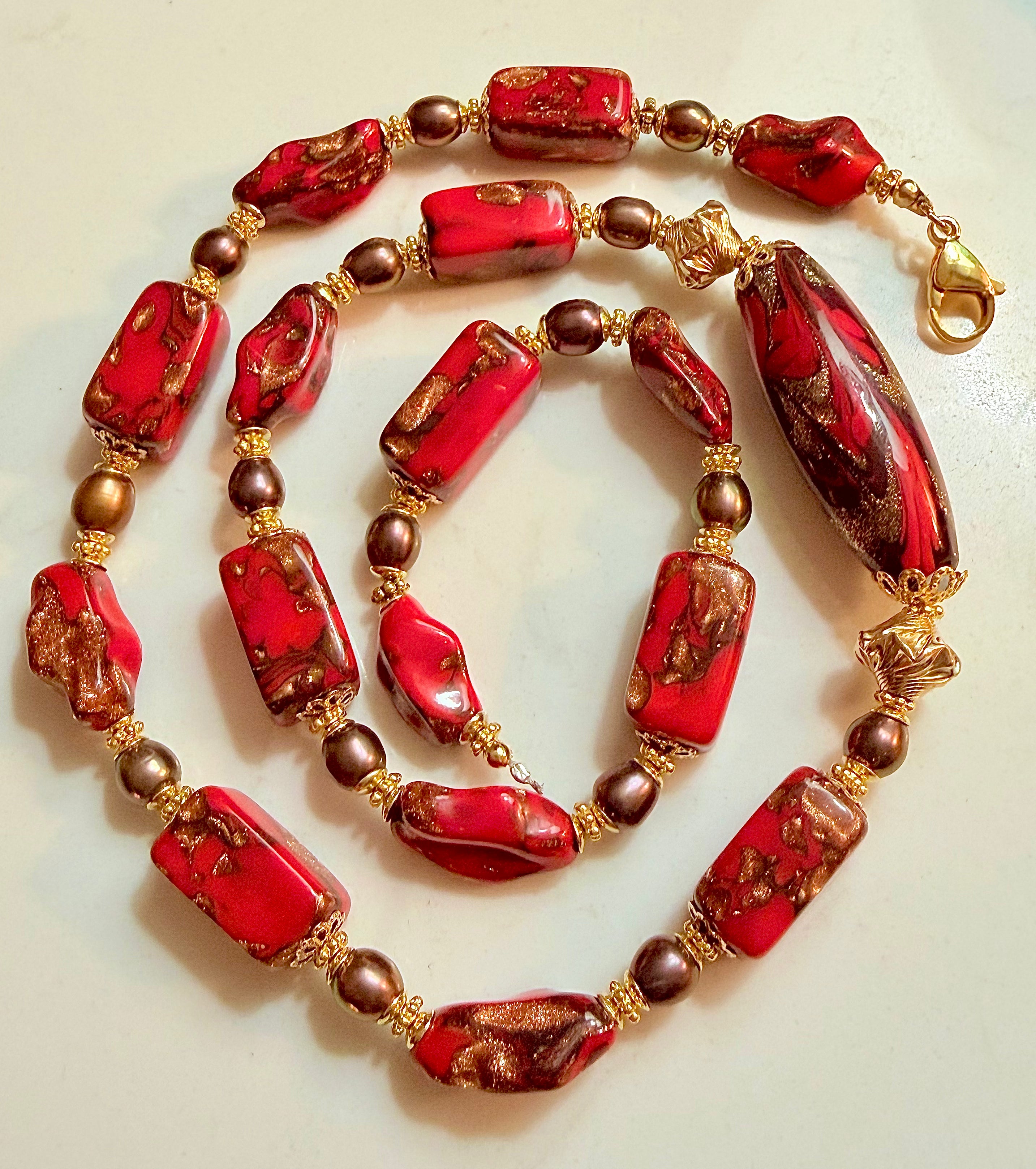 Rosario Leonardi 20” Red Aventurine Necklace & Bracelet Option Featuring Brown Iridescent freshwater pearls, & 3 Different Shapes of Ercole Moretti Beads