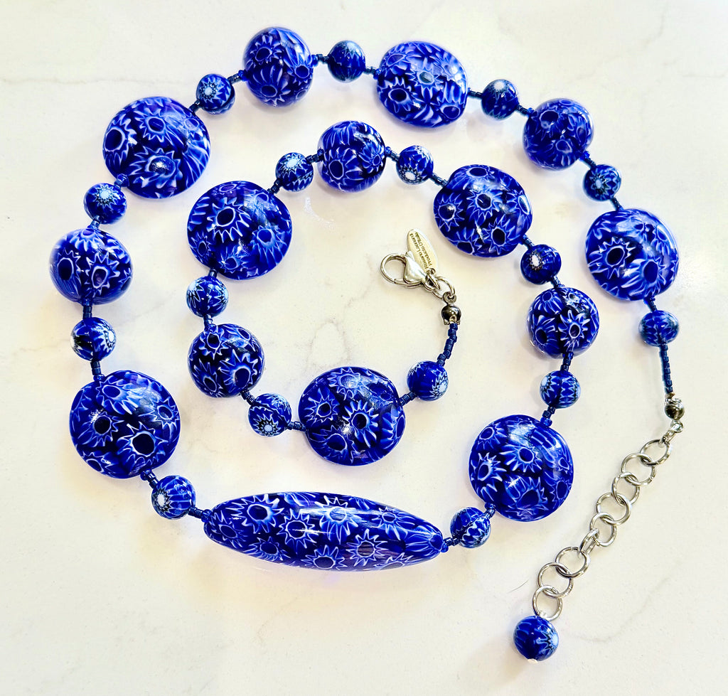 Rosario Leonardi Cobalt Blue Neckalce Featuring Exclusive Ercole Moretti Murano Millefiori Glass Beads