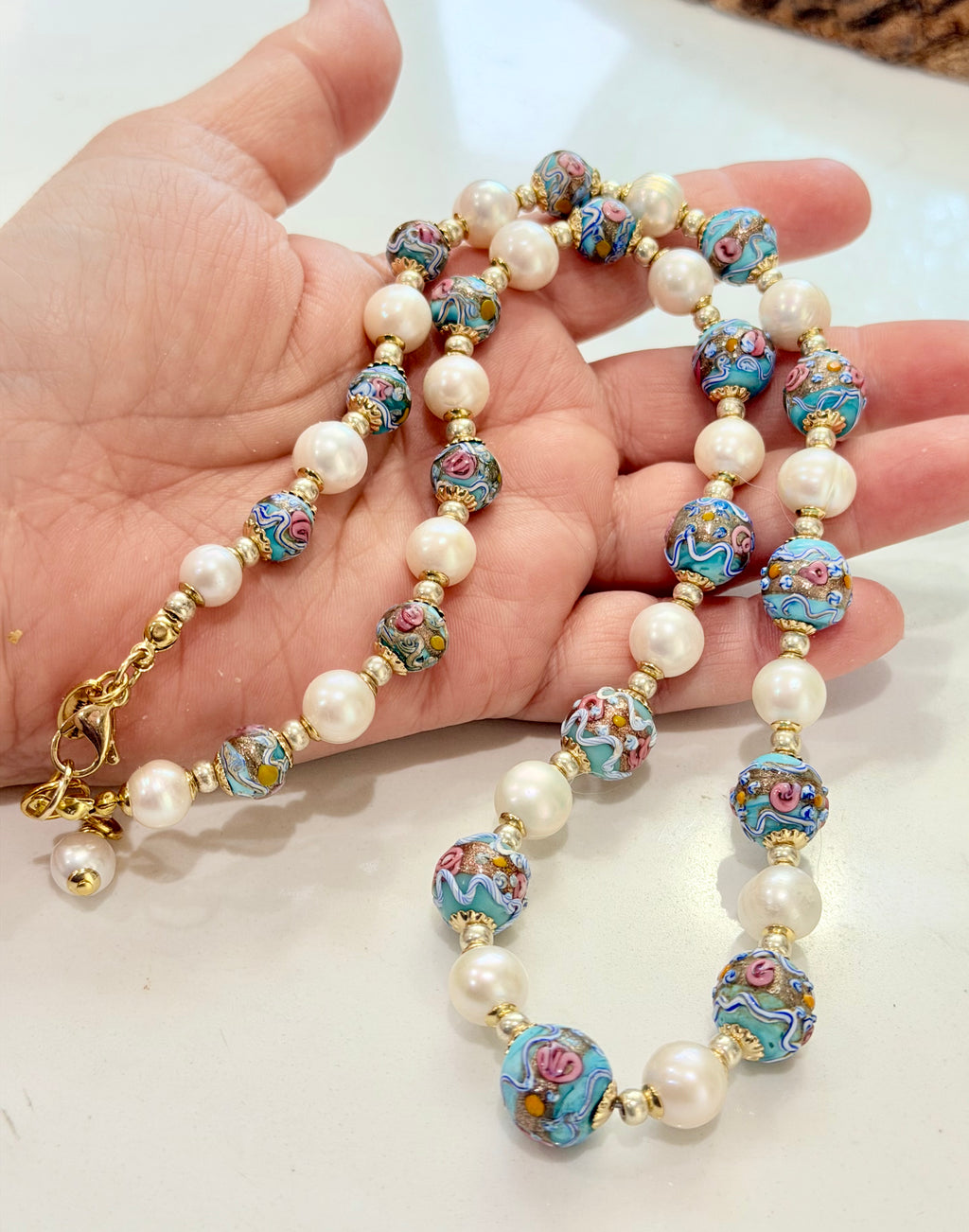 Rosario Leonardi Vintage Fancy Wedding Cake Beads & White Freshwater Pearl Necklace