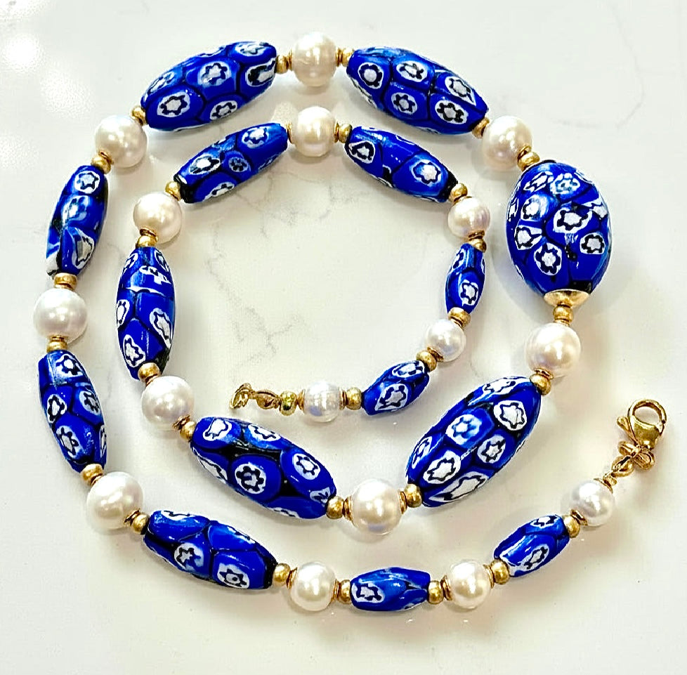 One Of A Kind 22”Blue & White Murano Glass Beads Paired with Fine White Freshwater Pears