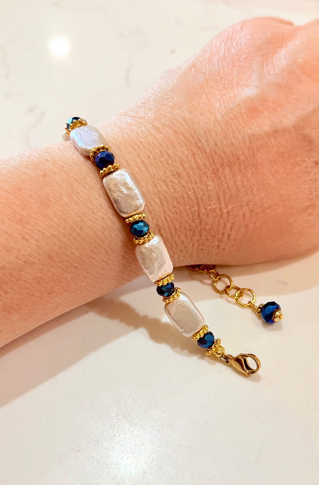 Gorgeous Rectangular Freshwater Pearl & Cobalt Crystal Bracelet