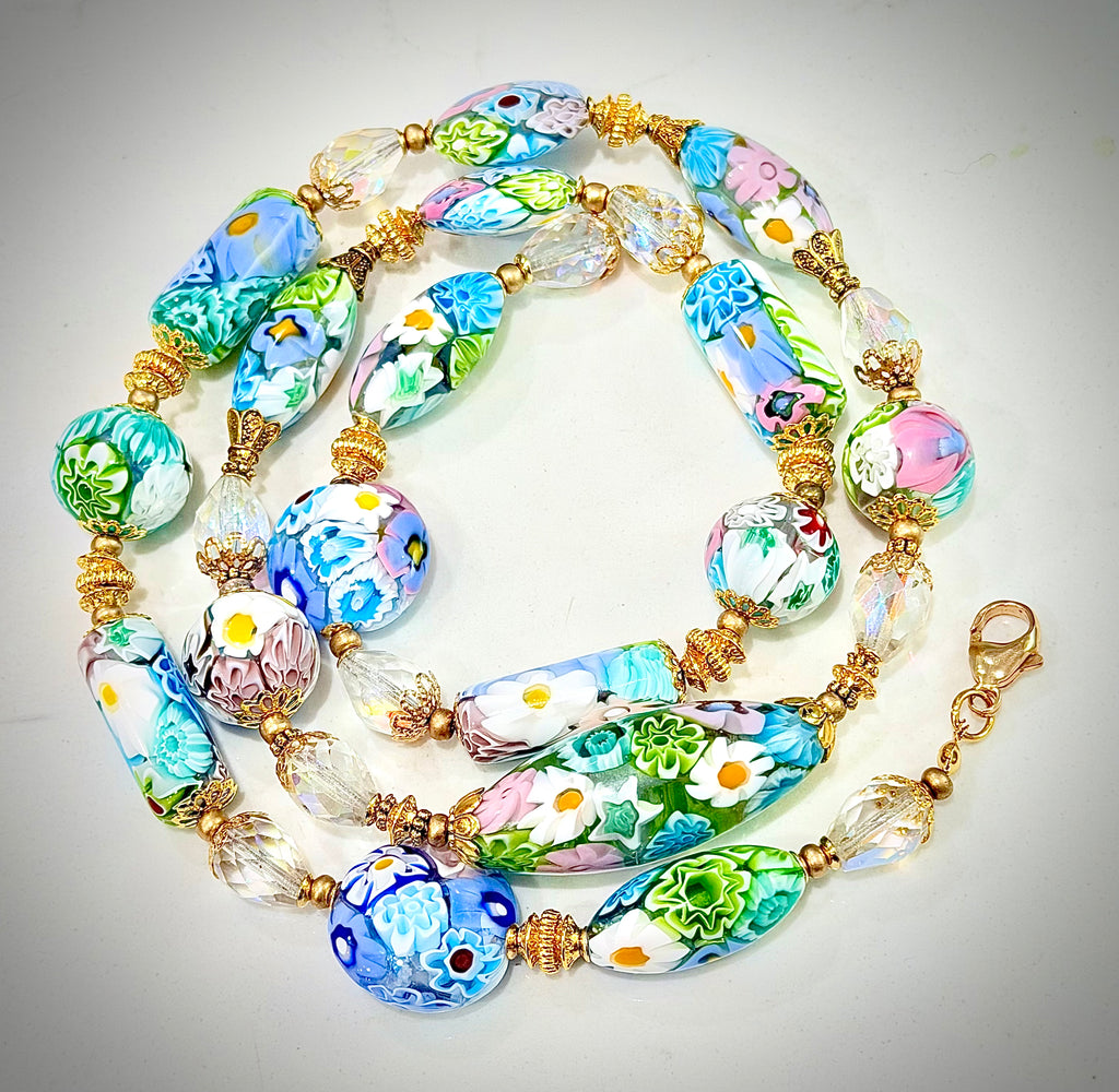 Pastel Lace Matched Millefiori Murano Glass Necklace Featuring Moretti Beads