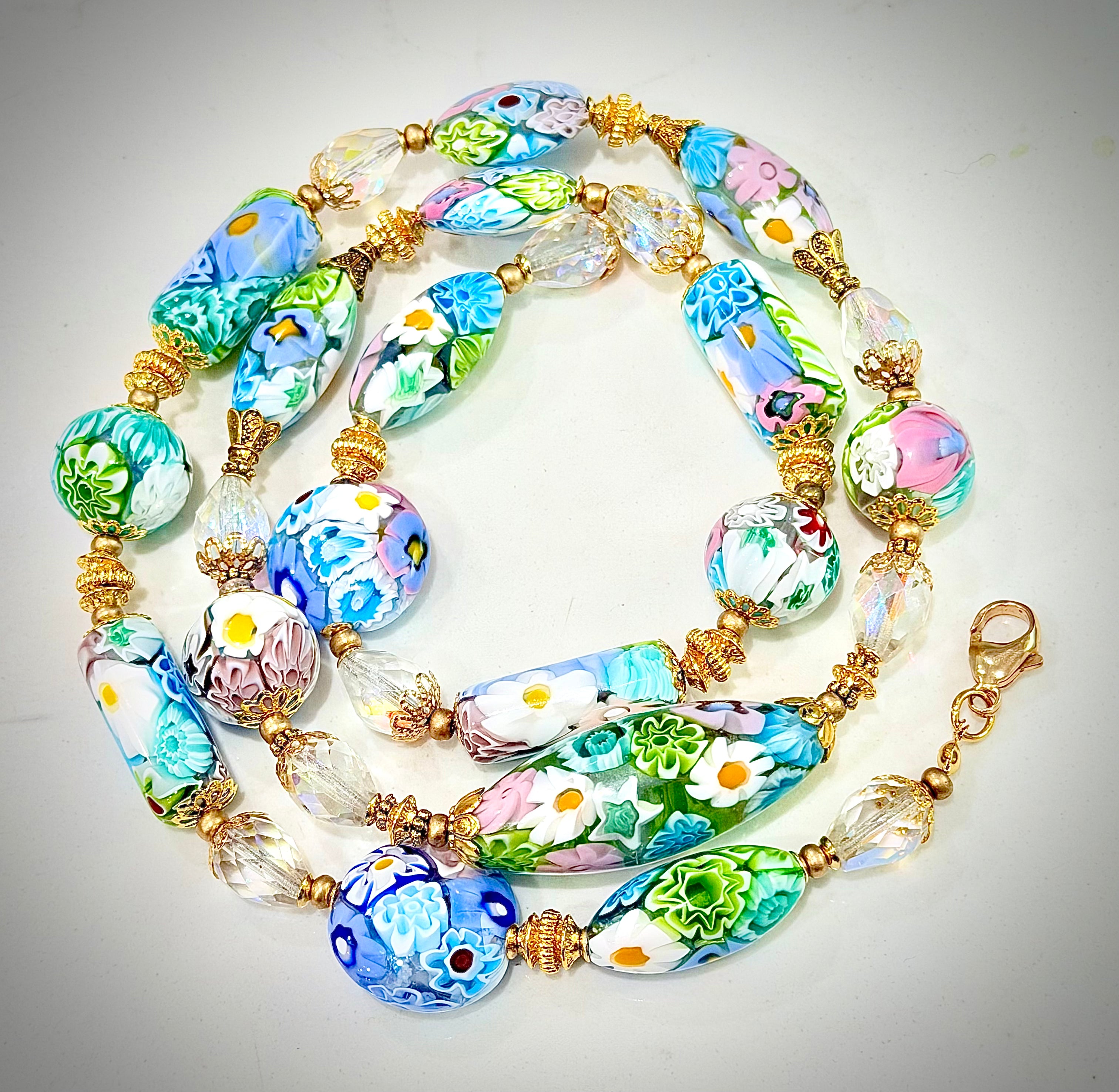 Pastel Lace Matched Millefiori Murano Glass Necklace Featuring Moretti Beads