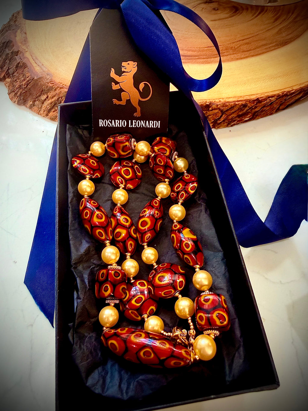 Rosario Leonardi Golden Shell Pearl With Moretti Red, Yellow & Black Beaded Necklace