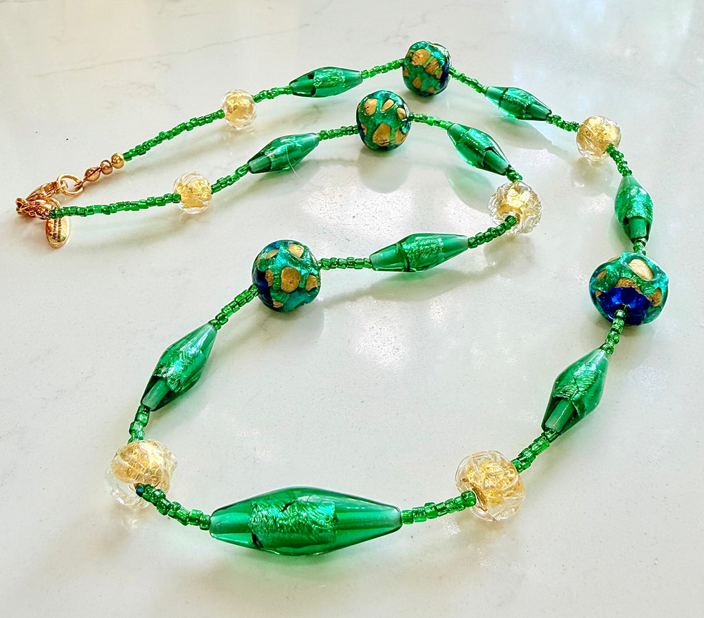 Rosario Leonardi “Boy That’s Green & Gold!” Murano Lampwork & Czech Glass Necklace, One of a Kind.