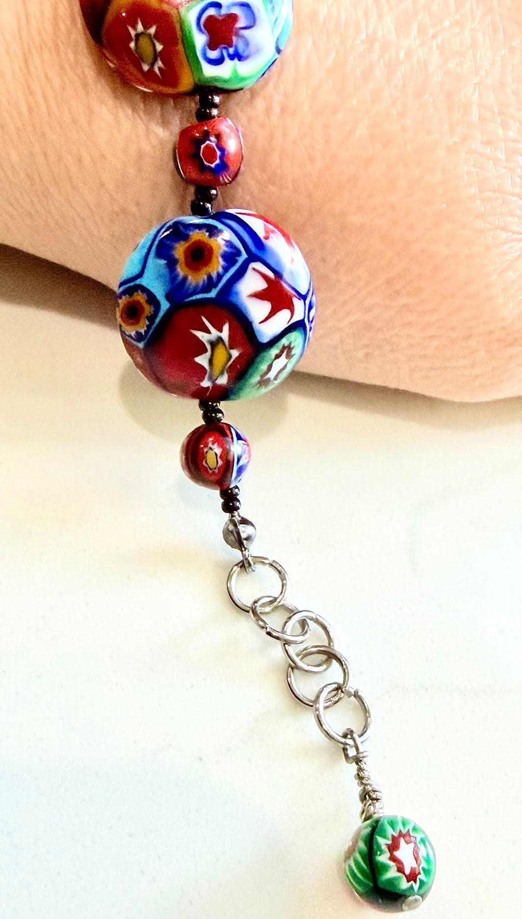 Rosario Leonardi Beaded Coin Shaped Bracelet Featuring Ercole Moretti Red & Blue Flower Patterned  Beads