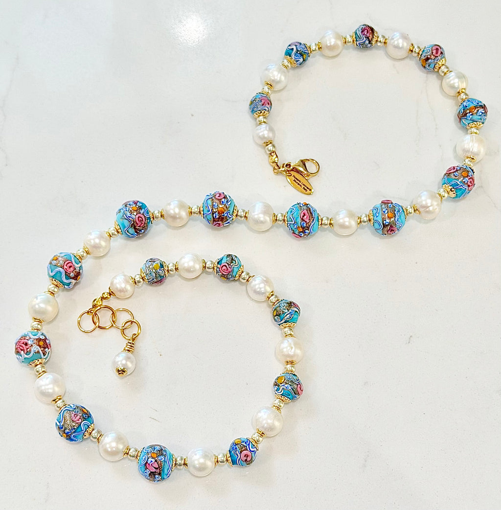 Rosario Leonardi Vintage Fancy Wedding Cake Beads & White Freshwater Pearl Necklace