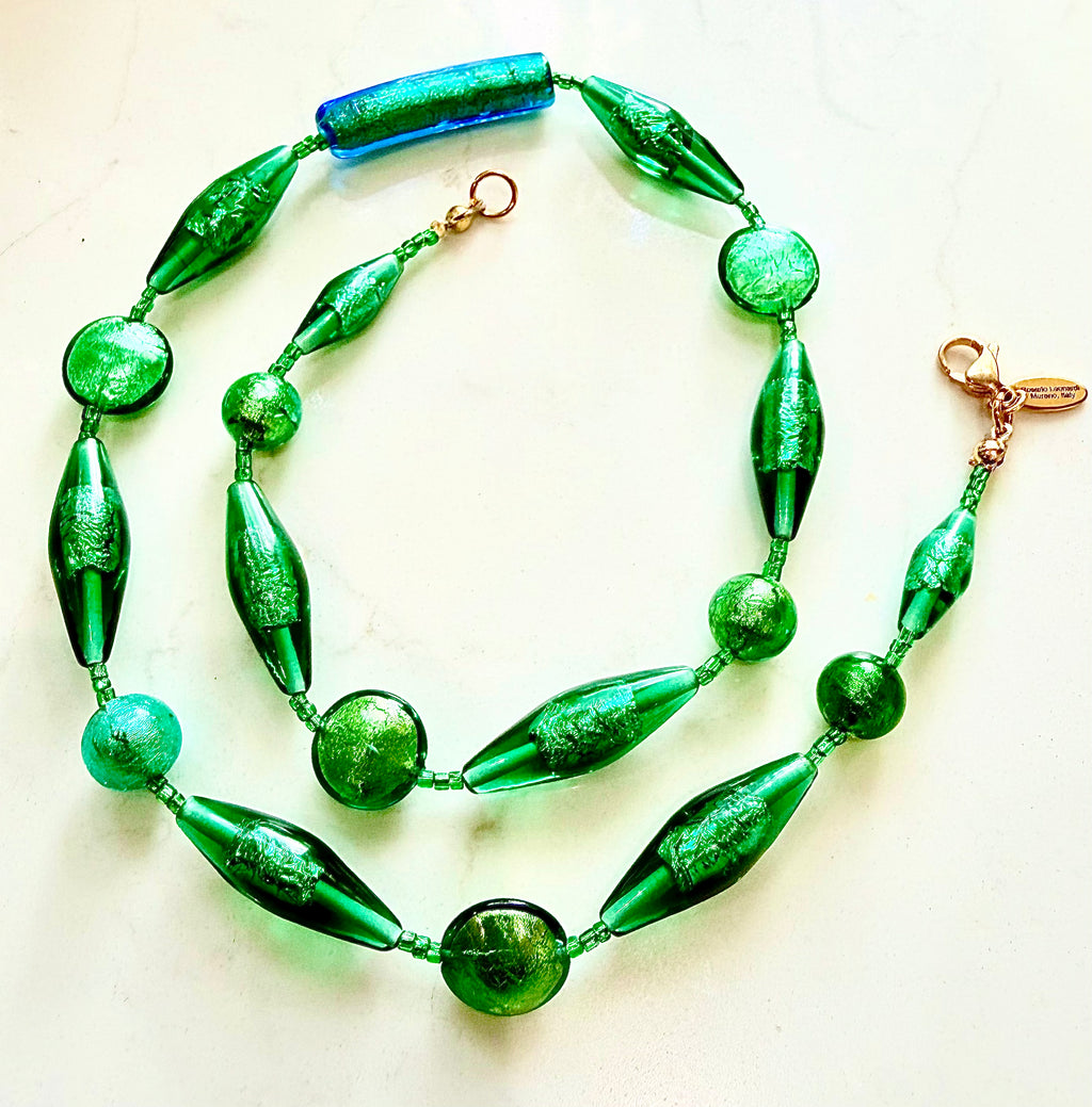 Rosario Leonardi “Boy That’s Green” Murano Lampwork & CzechGlass Necklace, One of a Kind.