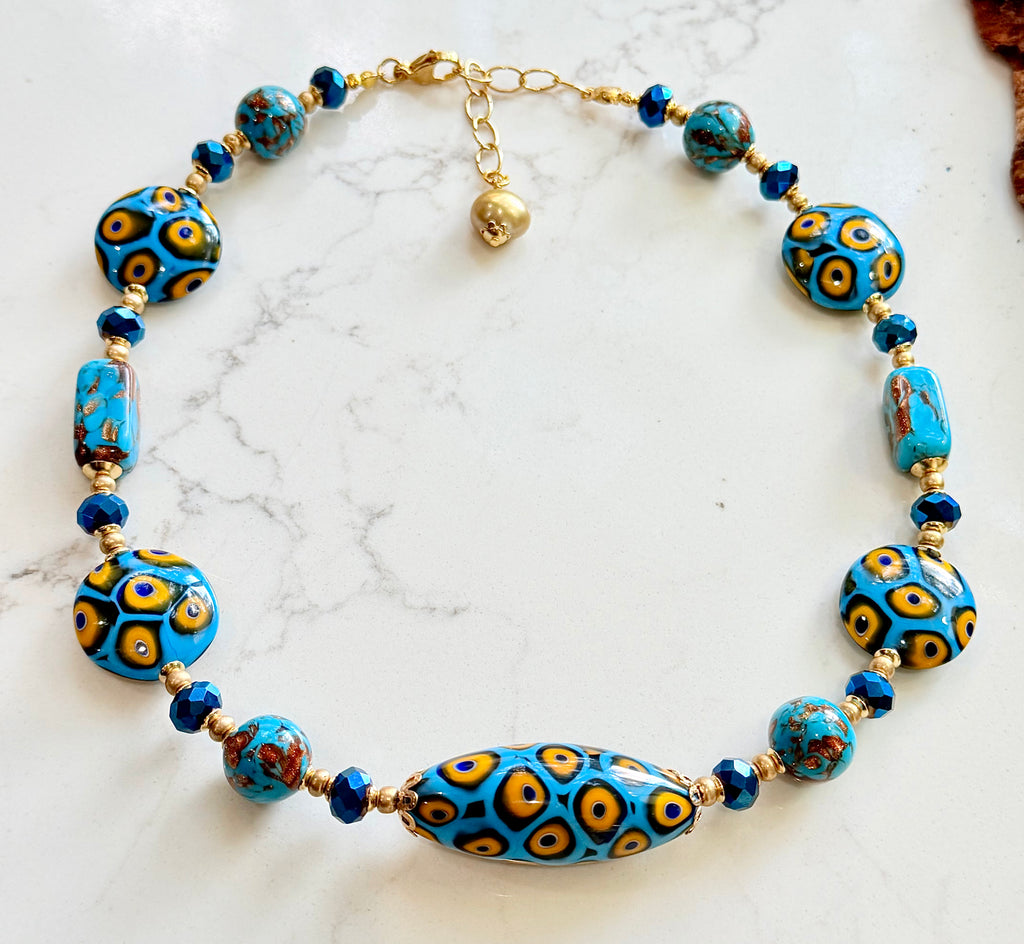 Perfect Combination of Old Meets New-Rosario Leonardi Aqua Blue & Gold Themed Necklace Featuring Exclusive Custom Moretti Beads