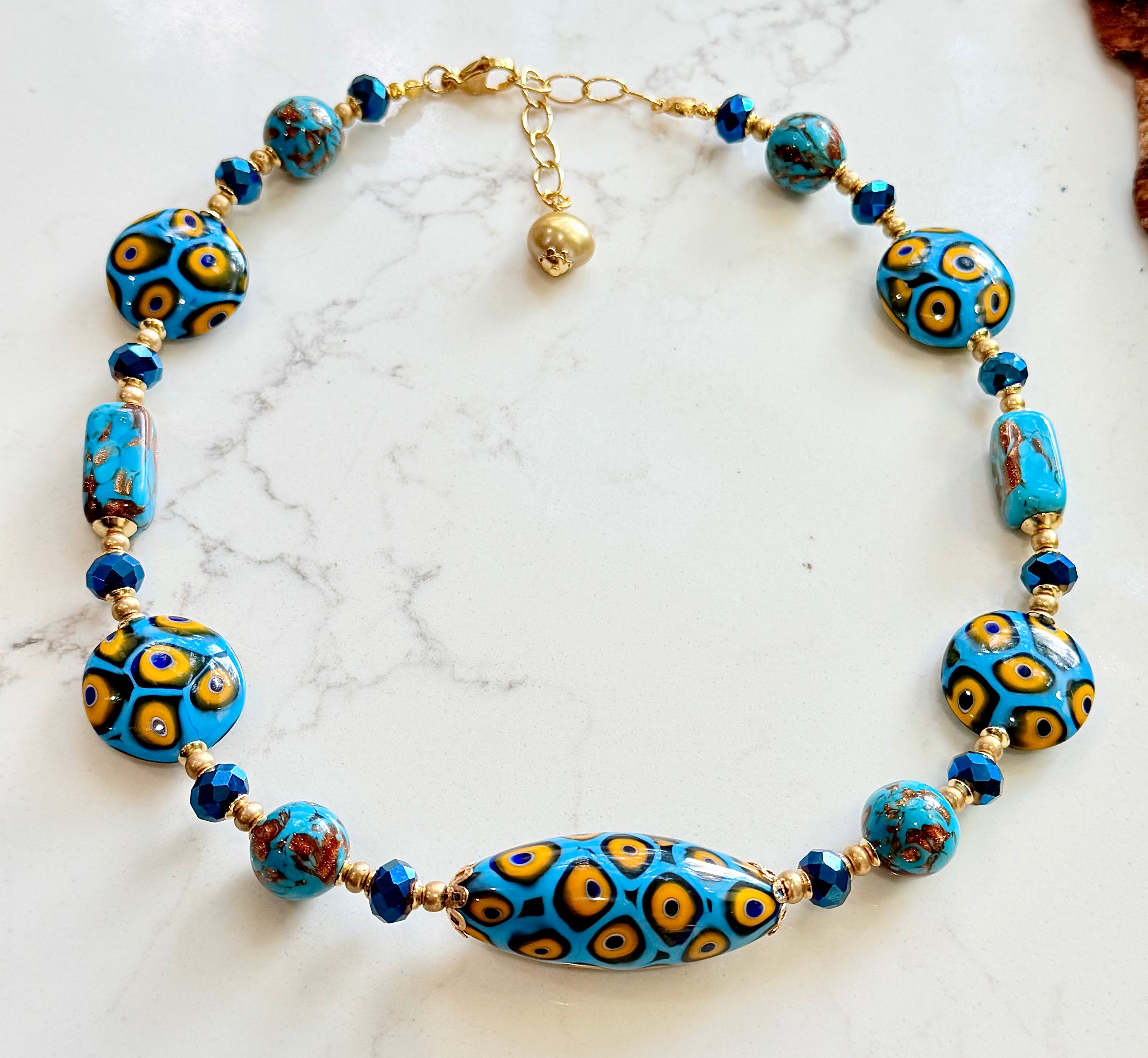 Perfect Combination of Old Meets New-Rosario Leonardi Aqua Blue & Gold Themed Necklace Featuring Exclusive Custom Moretti Beads