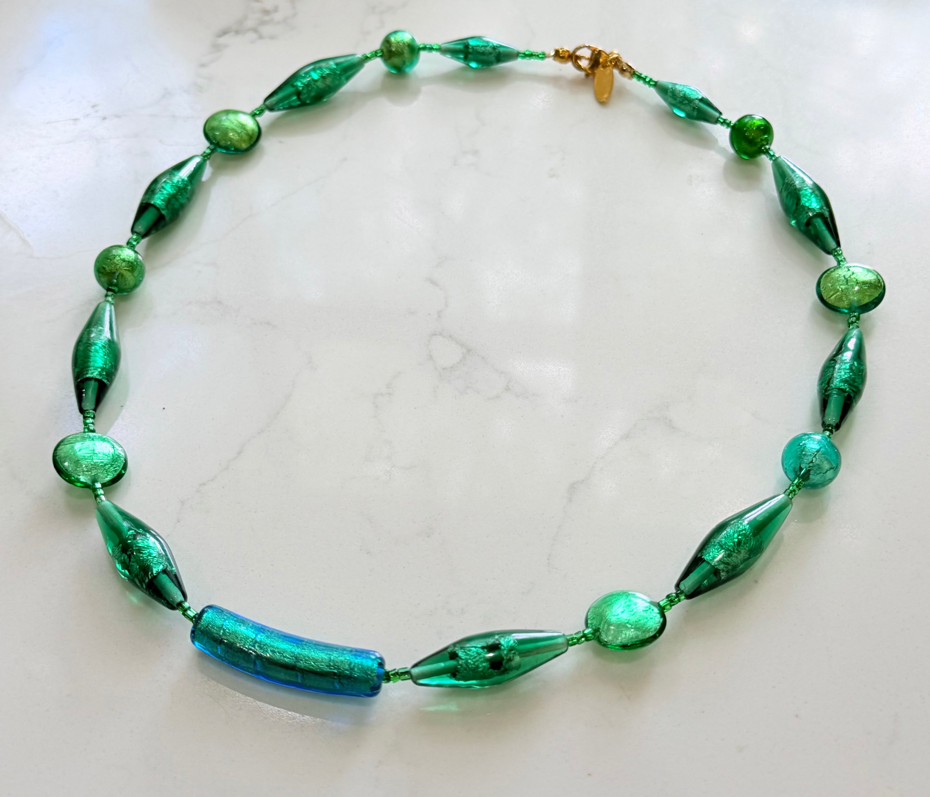 Rosario Leonardi “Boy That’s Green” Murano Lampwork & CzechGlass Necklace, One of a Kind.