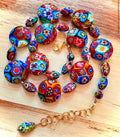 Rosario Leonardi Beaded Coin Shaped Necklace Featuring Ercole Moretti Red & Blue Flower Patterned  Beads