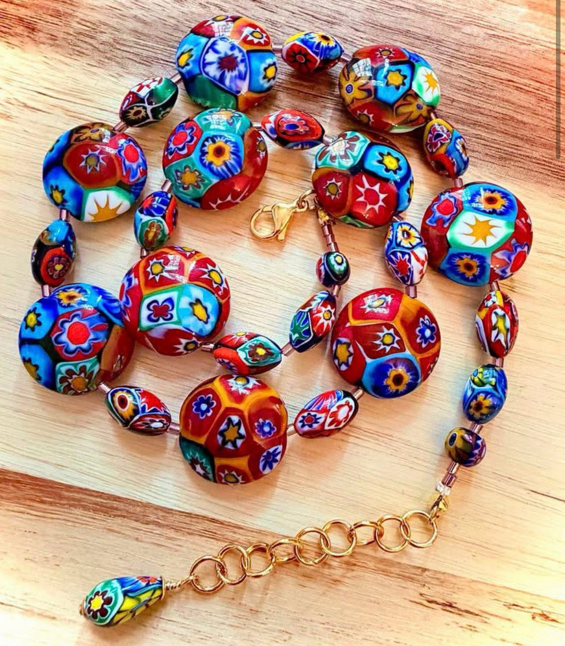 Rosario Leonardi Beaded Coin Shaped Necklace Featuring Ercole Moretti Red & Blue Flower Patterned  Beads