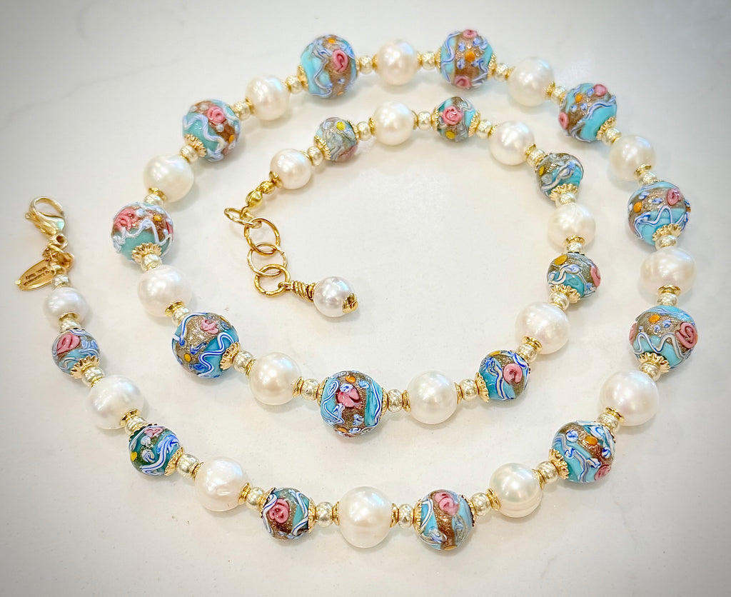 Rosario Leonardi Vintage Fancy Wedding Cake Beads & White Freshwater Pearl Necklace