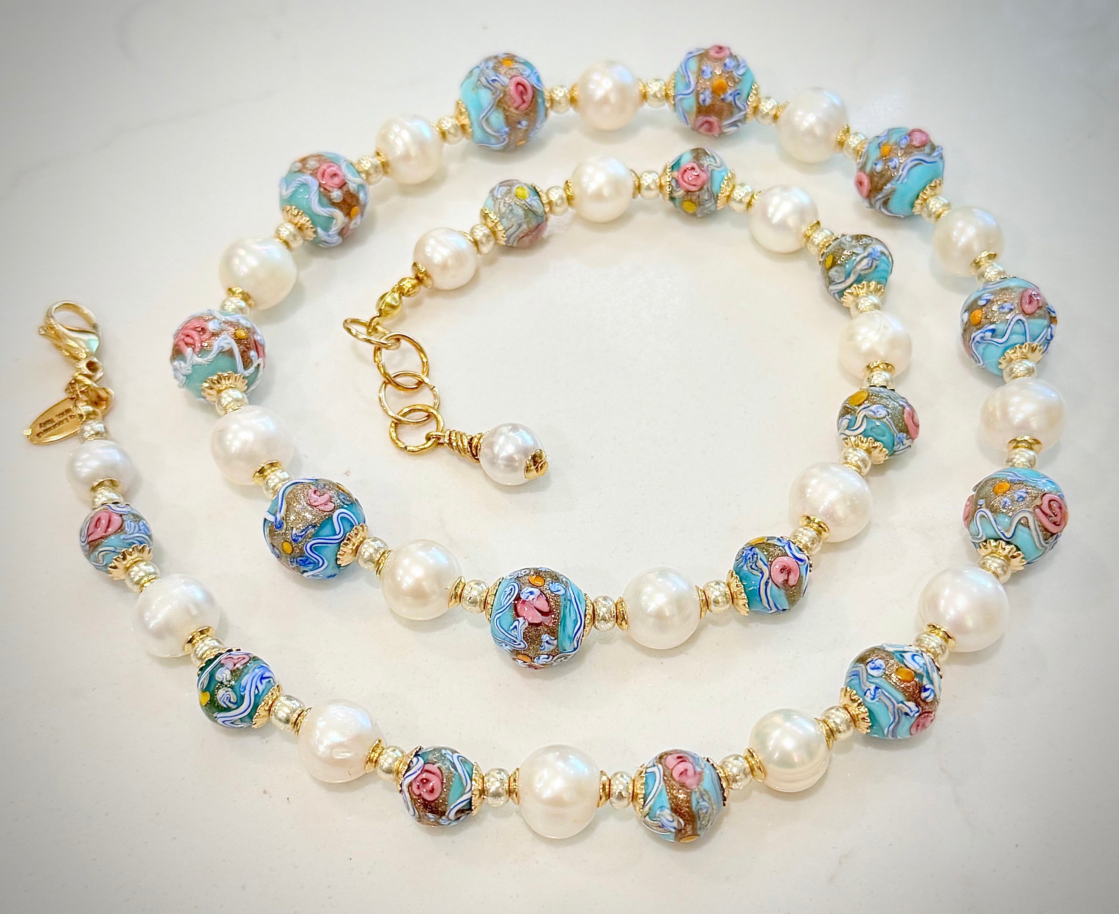 Rosario Leonardi Vintage Fancy Wedding Cake Beads & White Freshwater Pearl Necklace