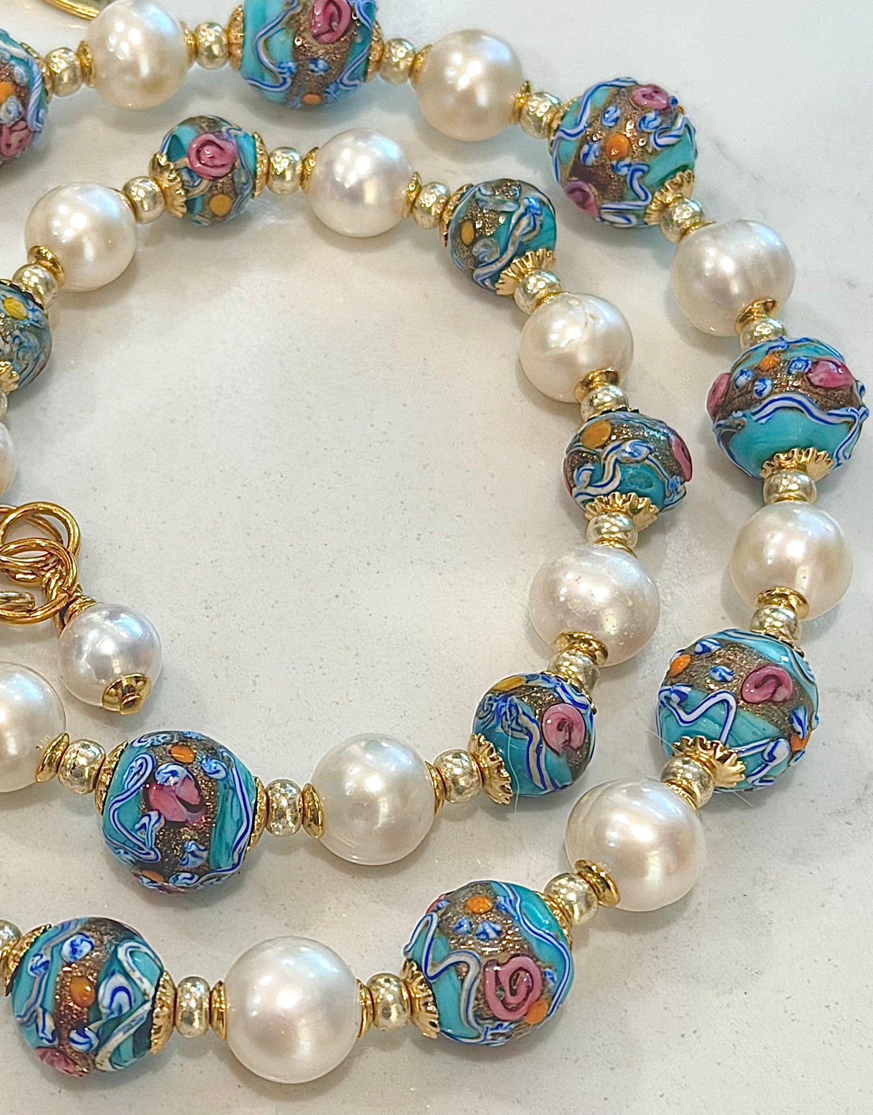 Rosario Leonardi Vintage Fancy Wedding Cake Beads & White Freshwater Pearl Necklace
