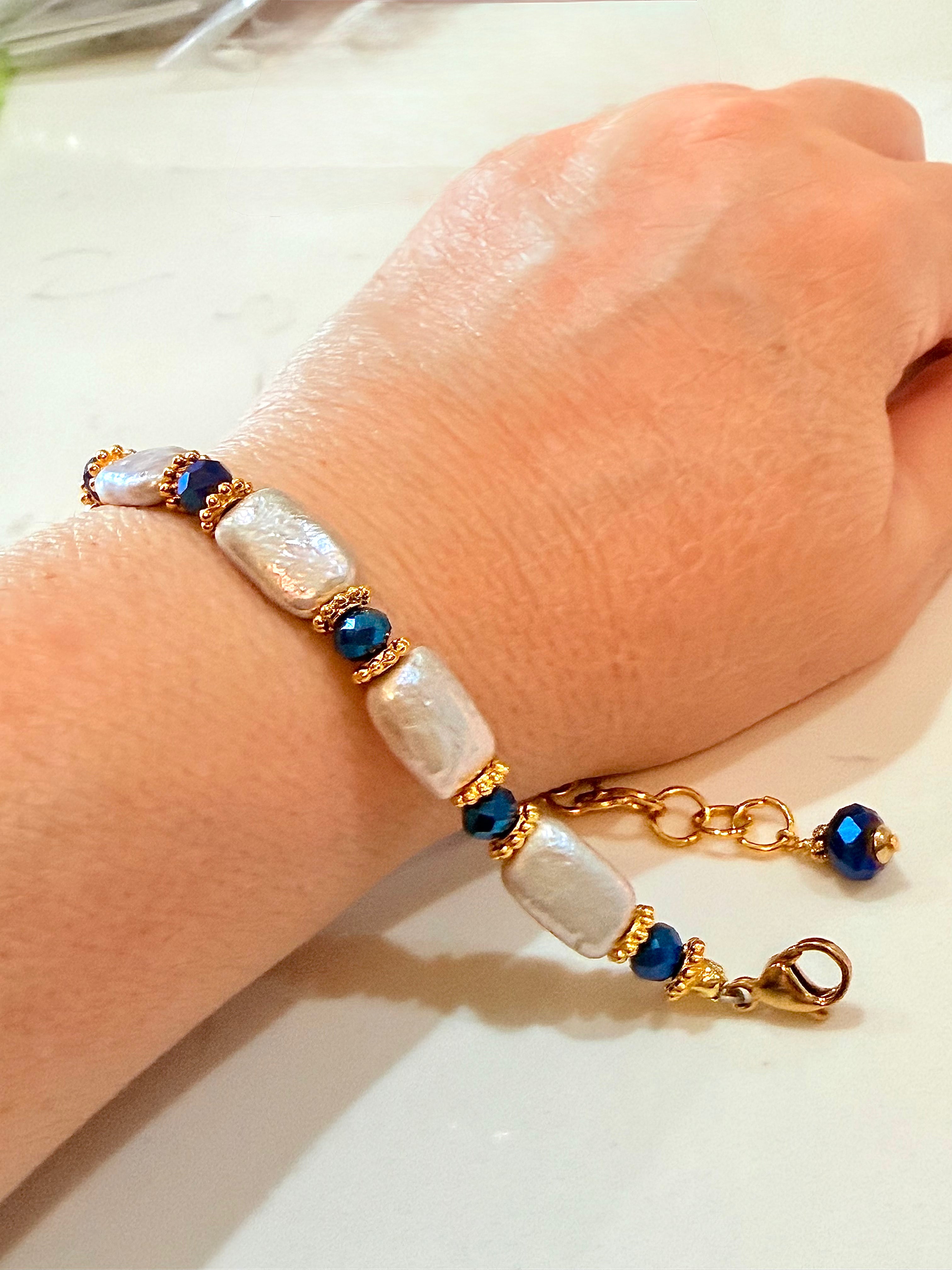 Gorgeous Rectangular Freshwater Pearl & Cobalt Crystal Bracelet