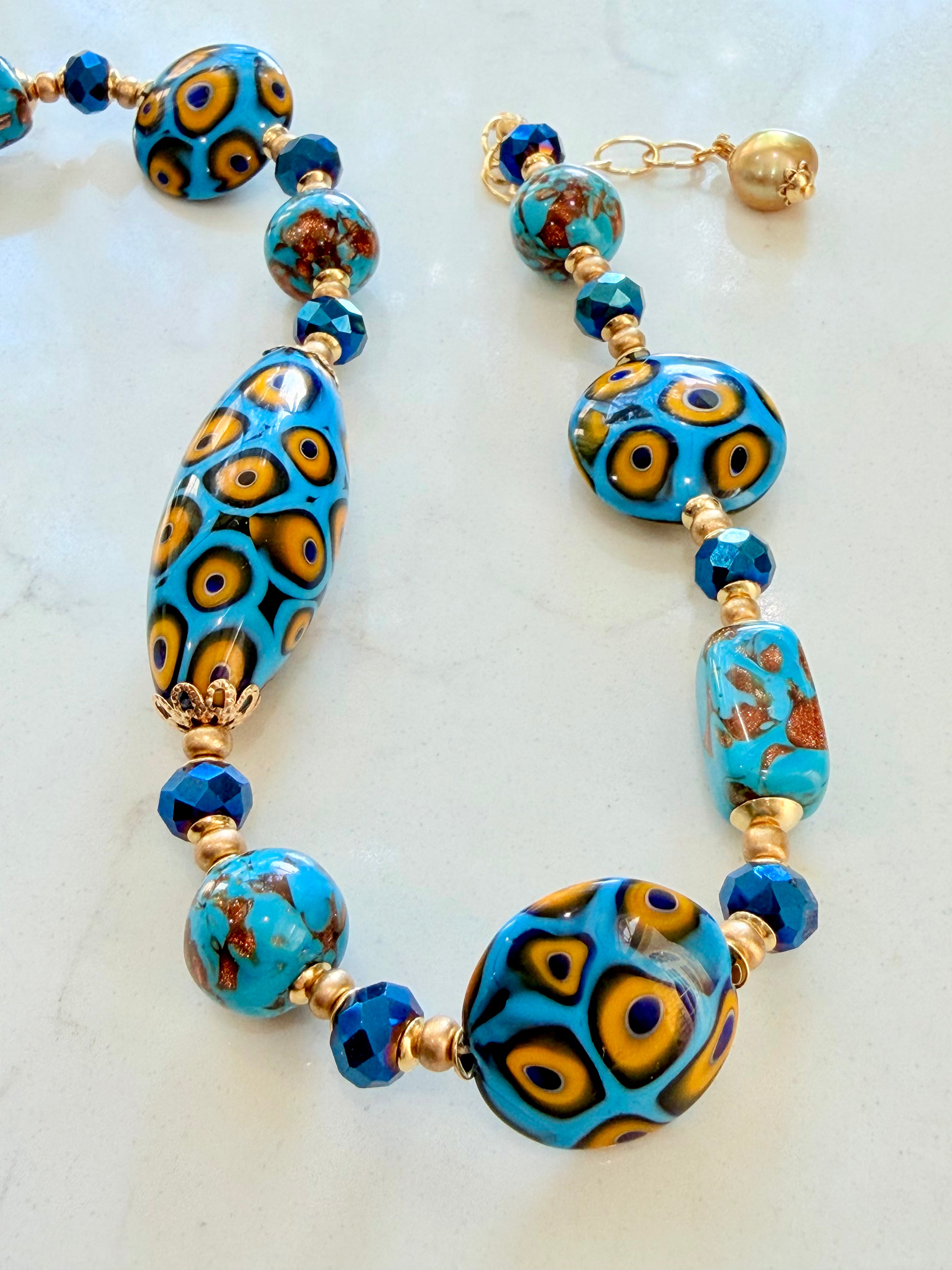 Perfect Combination of Old Meets New-Rosario Leonardi Aqua Blue & Gold Themed Necklace Featuring Exclusive Custom Moretti Beads