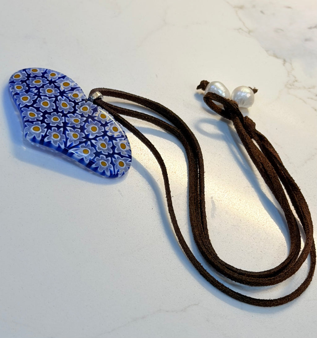 One of a Kind Moretti Heart Shaped Pendants on Strung on Chocolate Brown Vegan Suede With Freshwater Pearl Closure